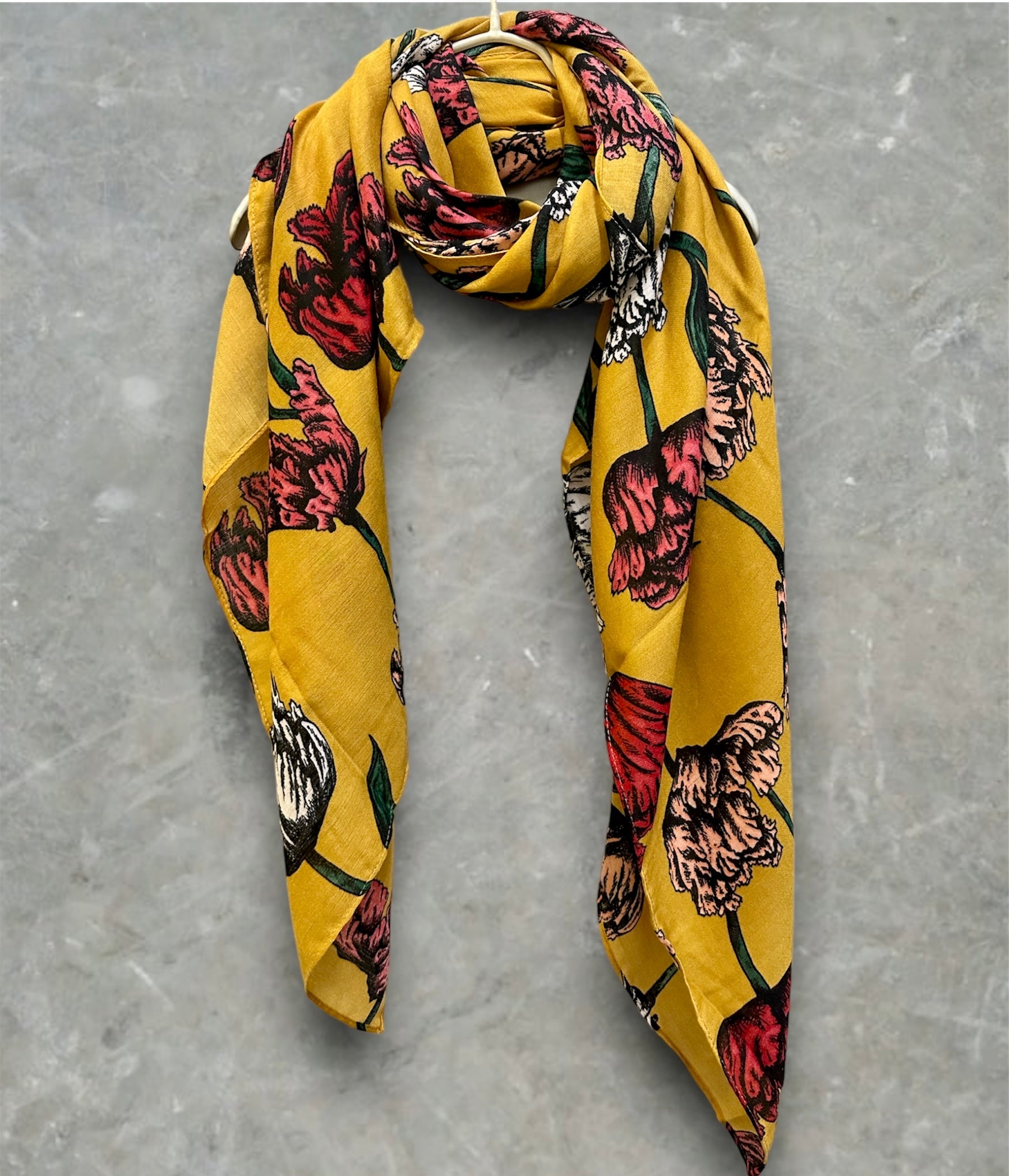 Mustard Yellow Scarf with Eco-Friendly Sketched Parrot Tulips Flower Design
