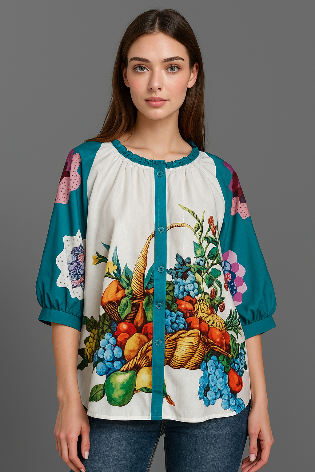 Retro Fruit Print Women Blouse,Vintage-Inspired Puff Sleeve Button Down,Summer Top for Women,Cute Gift for Her Birthday