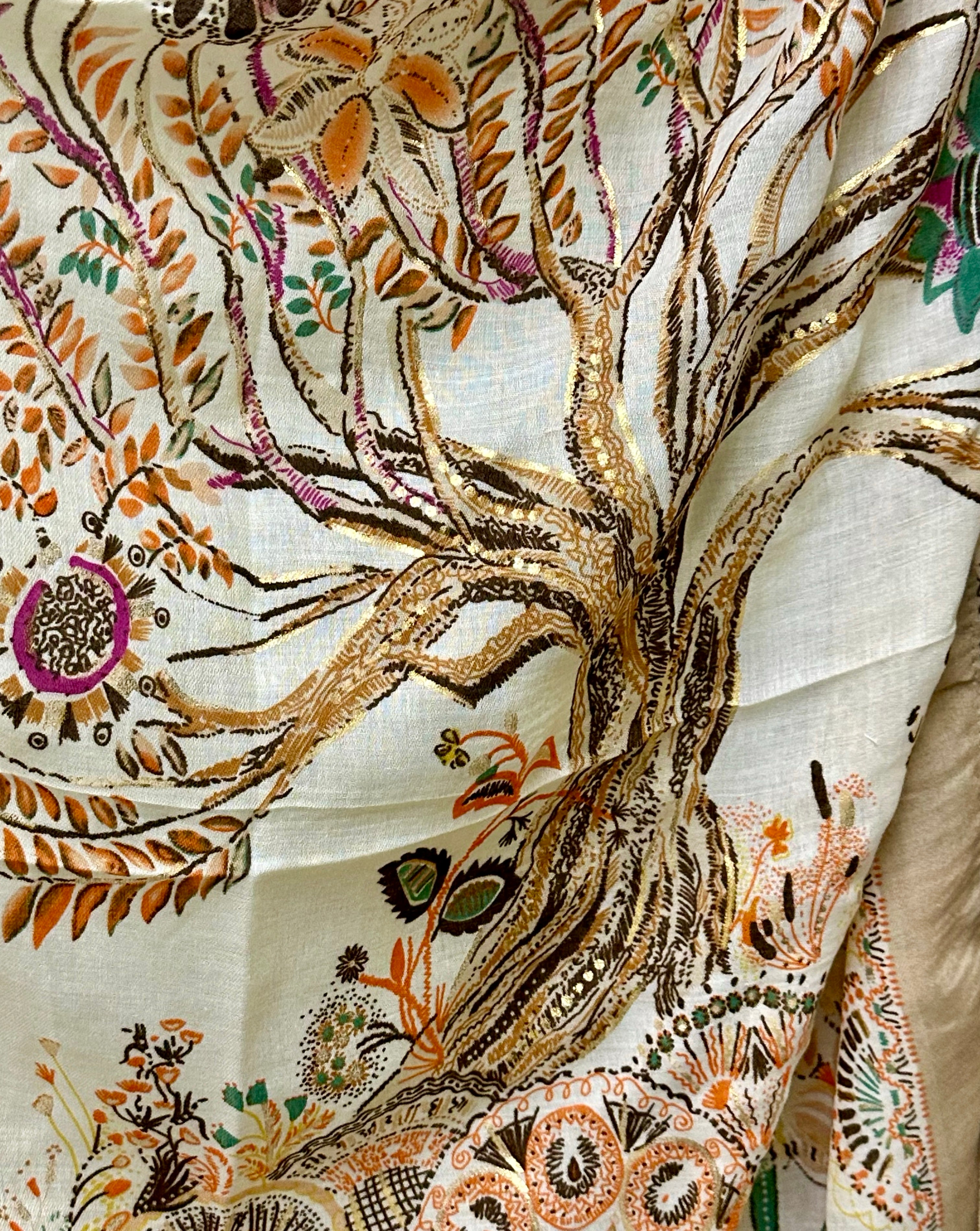 Off-White Sketch Tree Scarf with Brown Trim