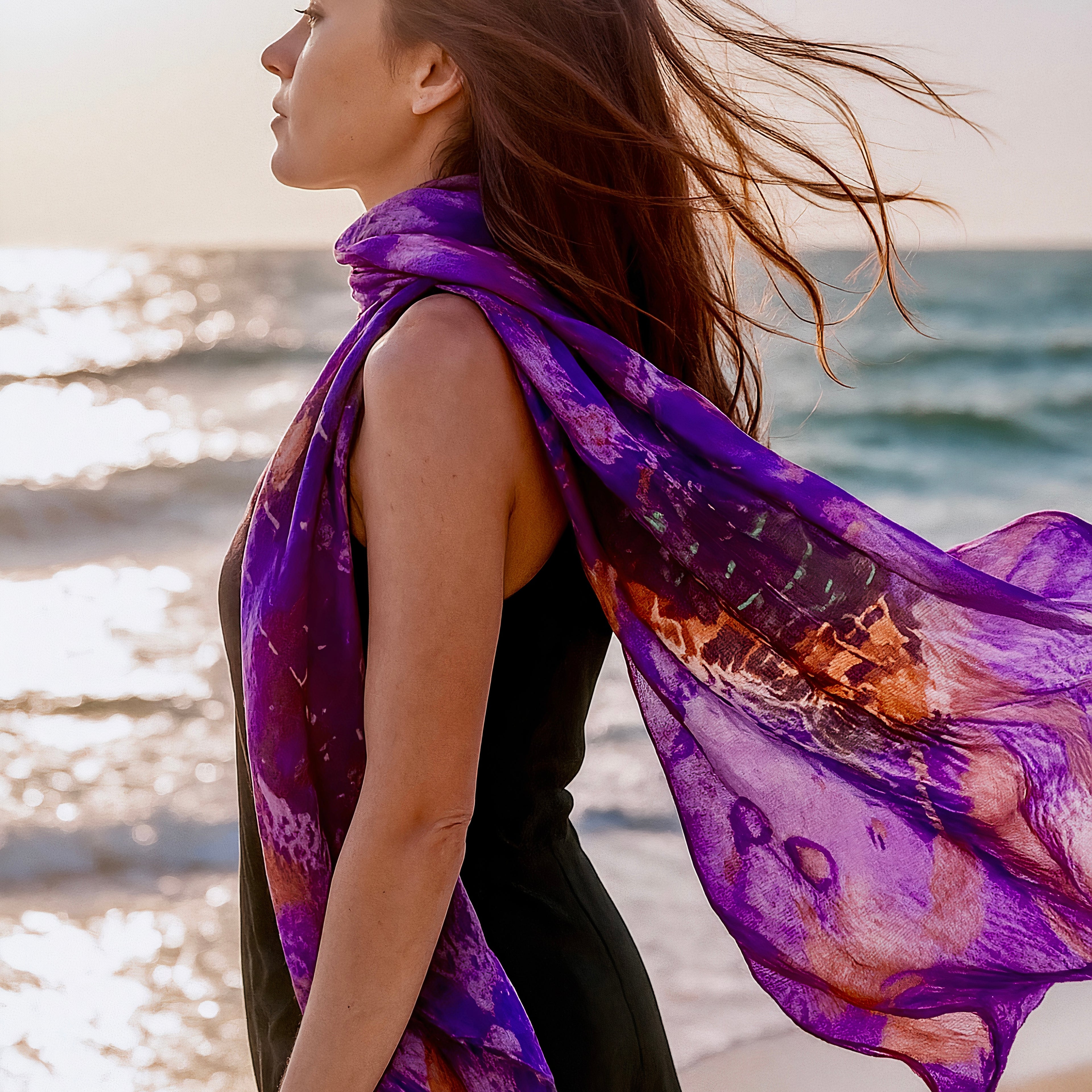 Luxury Silk Scarf with Abstract Art Print in Purple Tones,Handmade Women’s Wrap for All Season,Great Gifts for Her,Mom,Birthday or Christmas