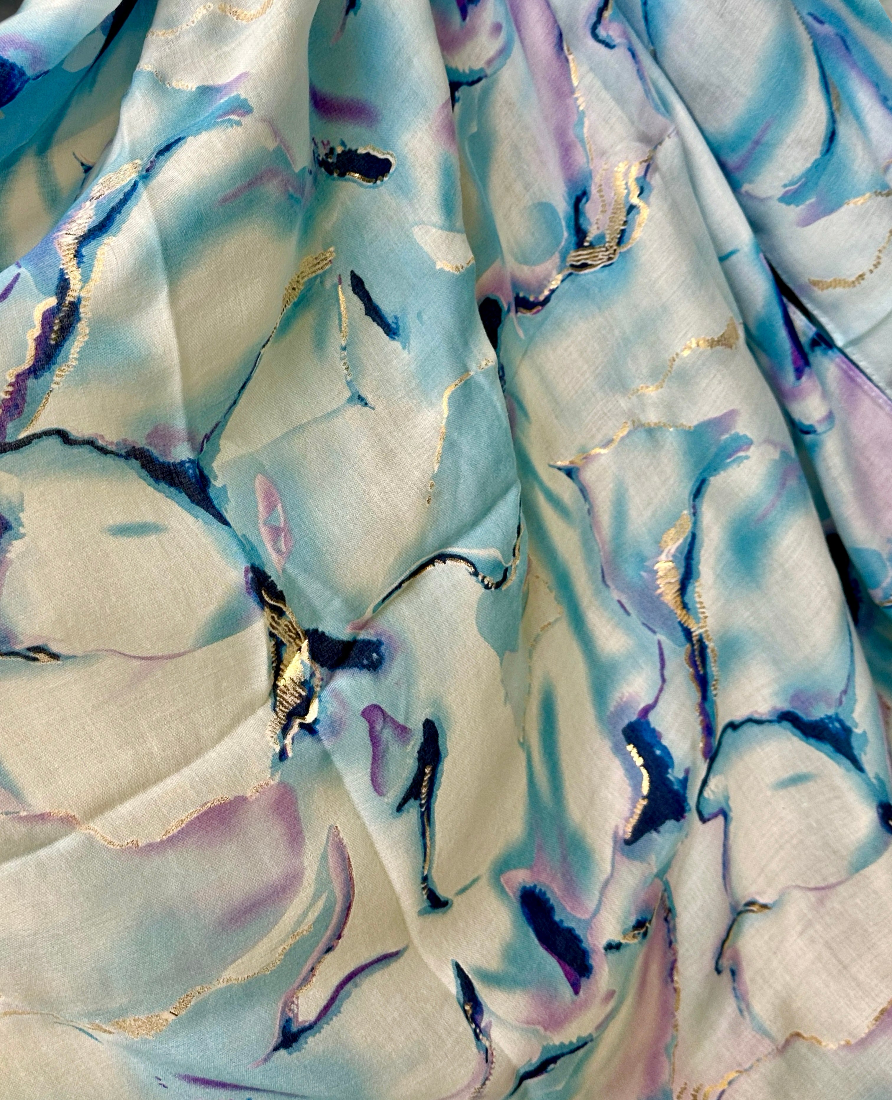 Blue Cotton Scarf for Women with Abstract Paint Splashes and Gold Accents