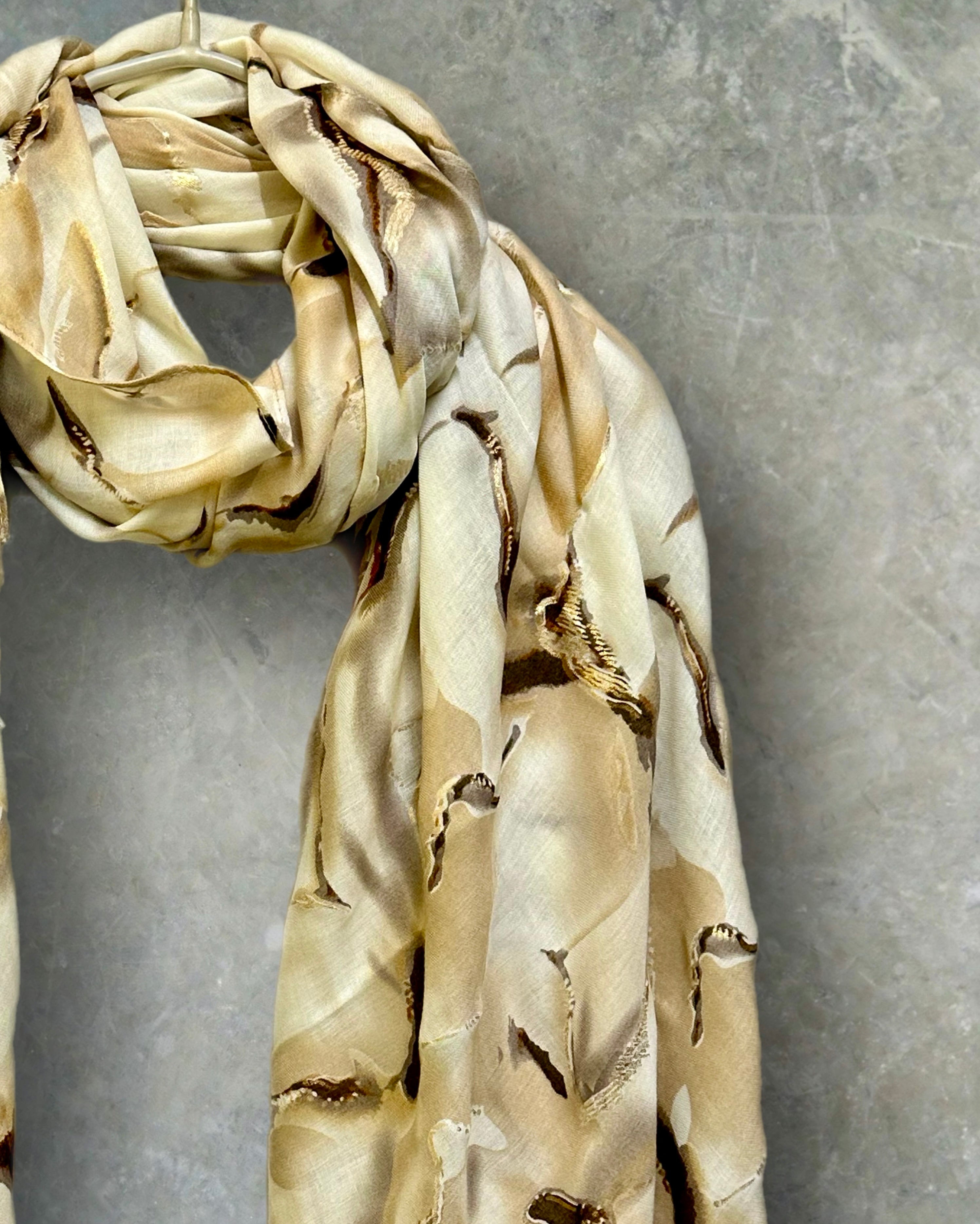 Beige Cotton Scarf for Women with Abstract Paint Splashes and Gold Accents