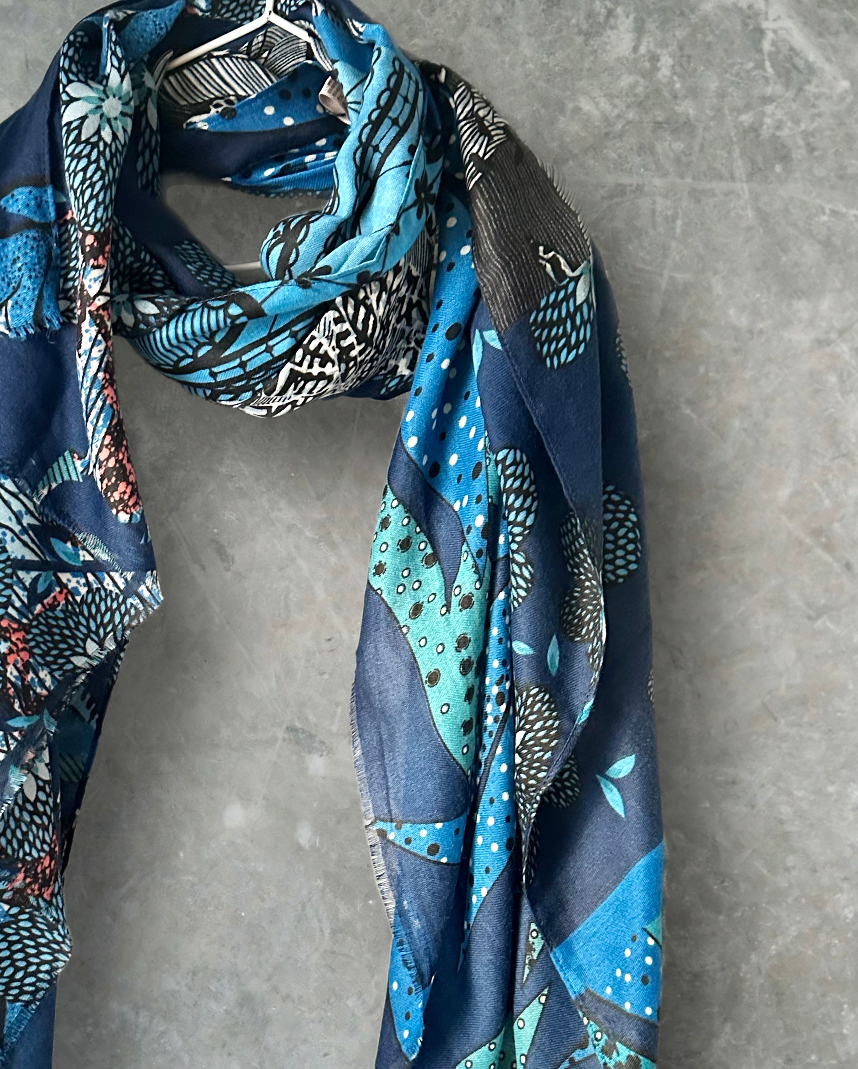 Unique Art Deco Flowers Pattern Blue Scarf