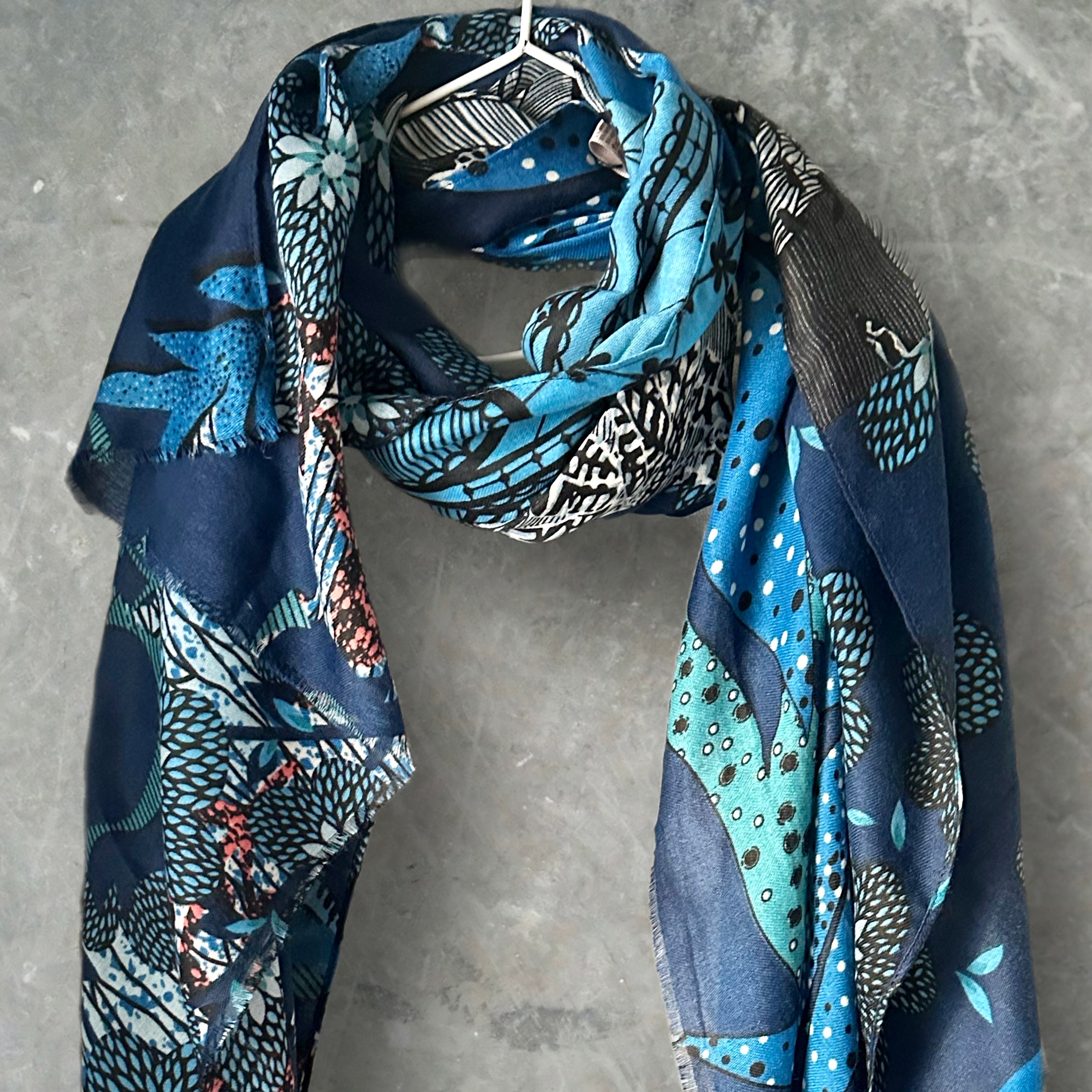 Unique Art Deco Flowers Pattern Blue Scarf