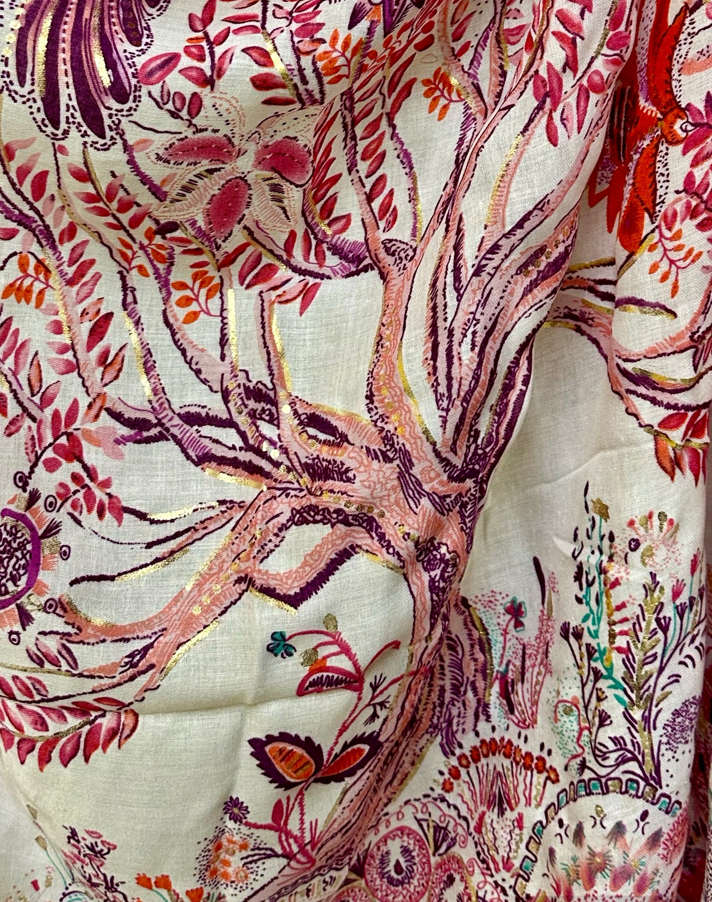 Bright Pink Sketch Tree Scarf with Pink Trim,Perfect for Women,All Seasons,Ideal Gifts for Her,Mom, Birthday and Christmas.