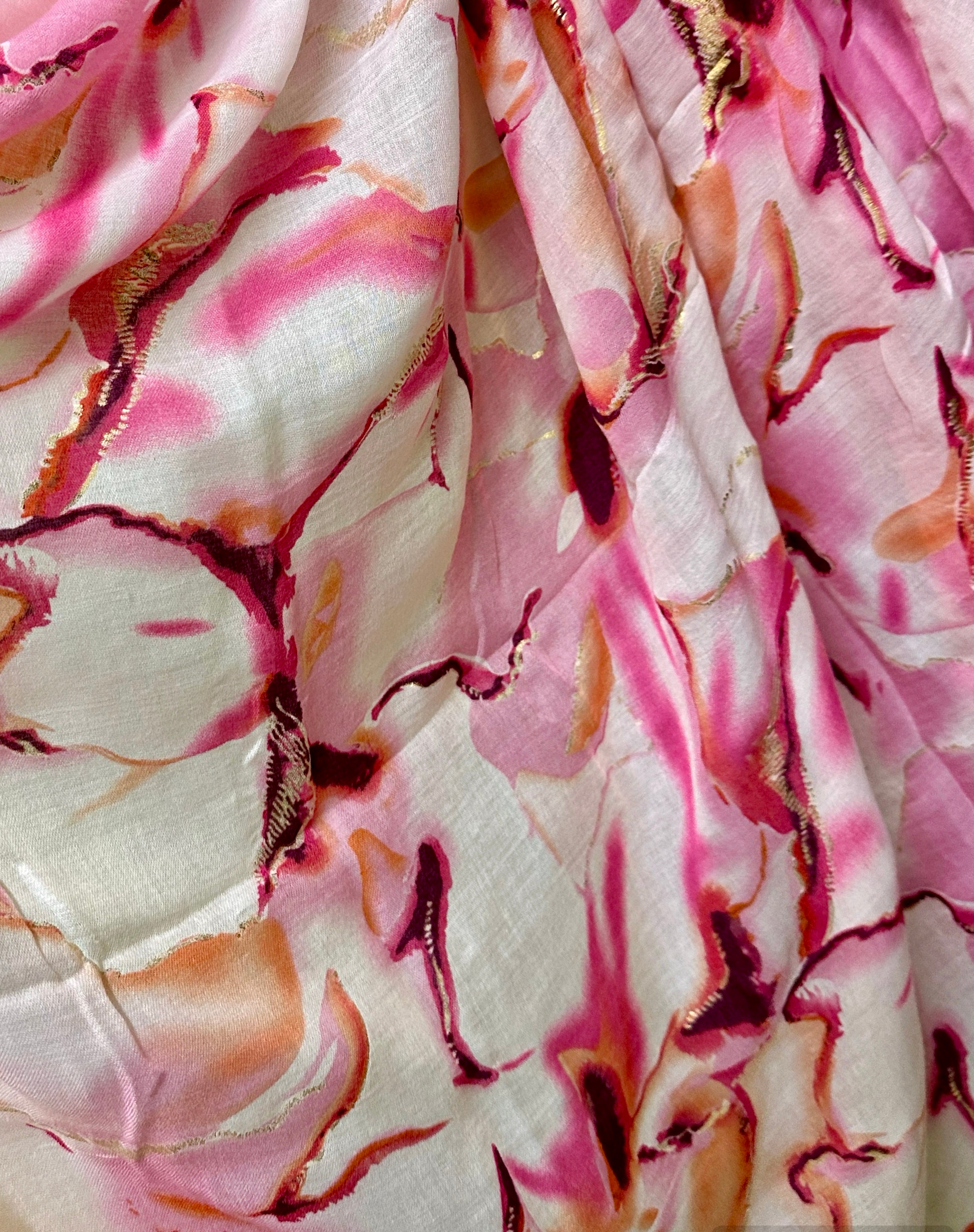 Pink Cotton Scarf for Women with Abstract Paint Splashes and Gold Accents