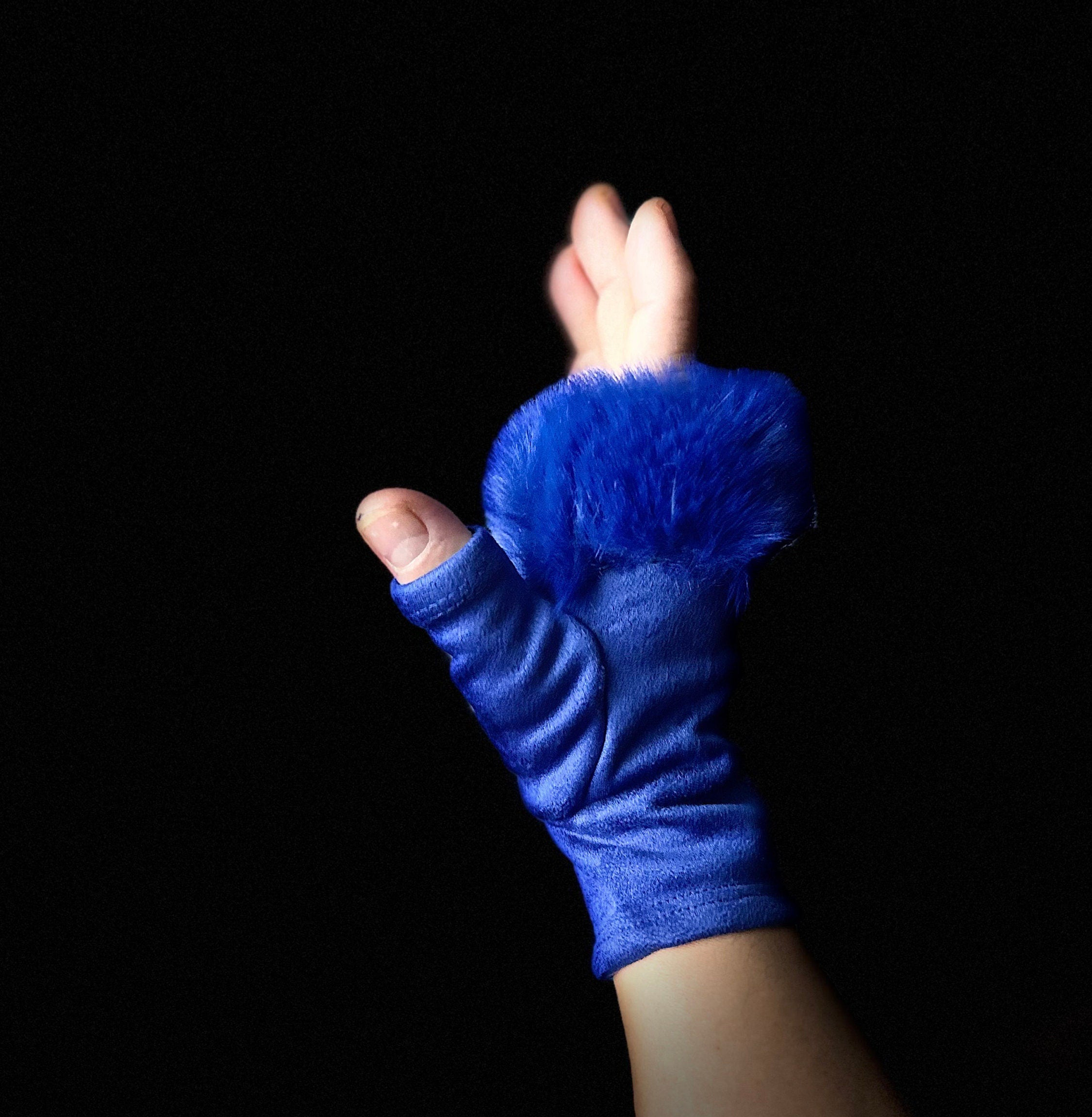 Blue Suede Fingerless Gloves with Faux Fur details