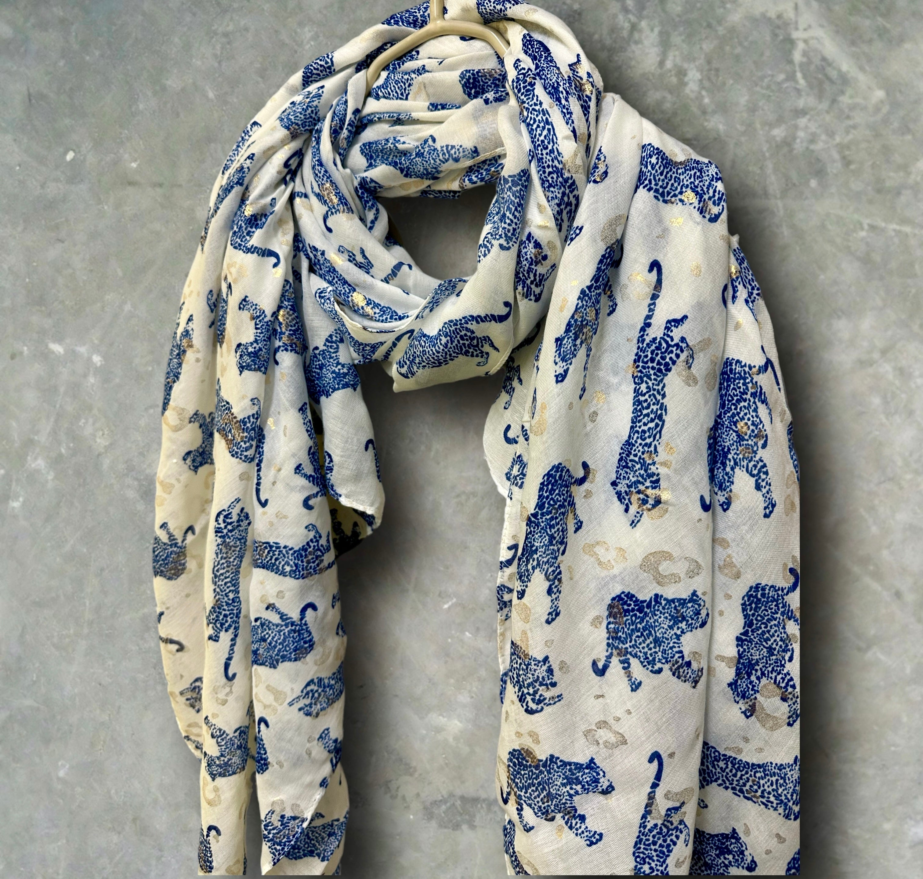Blue classic leopards print off white scarf