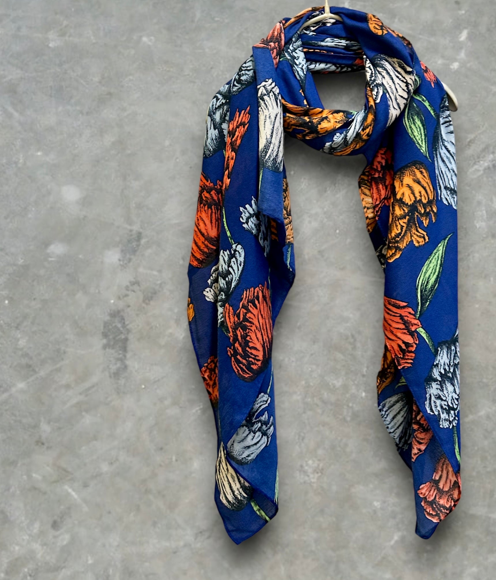 Blue Cotton Scarf with Eco-Friendly Sketched Parrot Tulips Flower Design