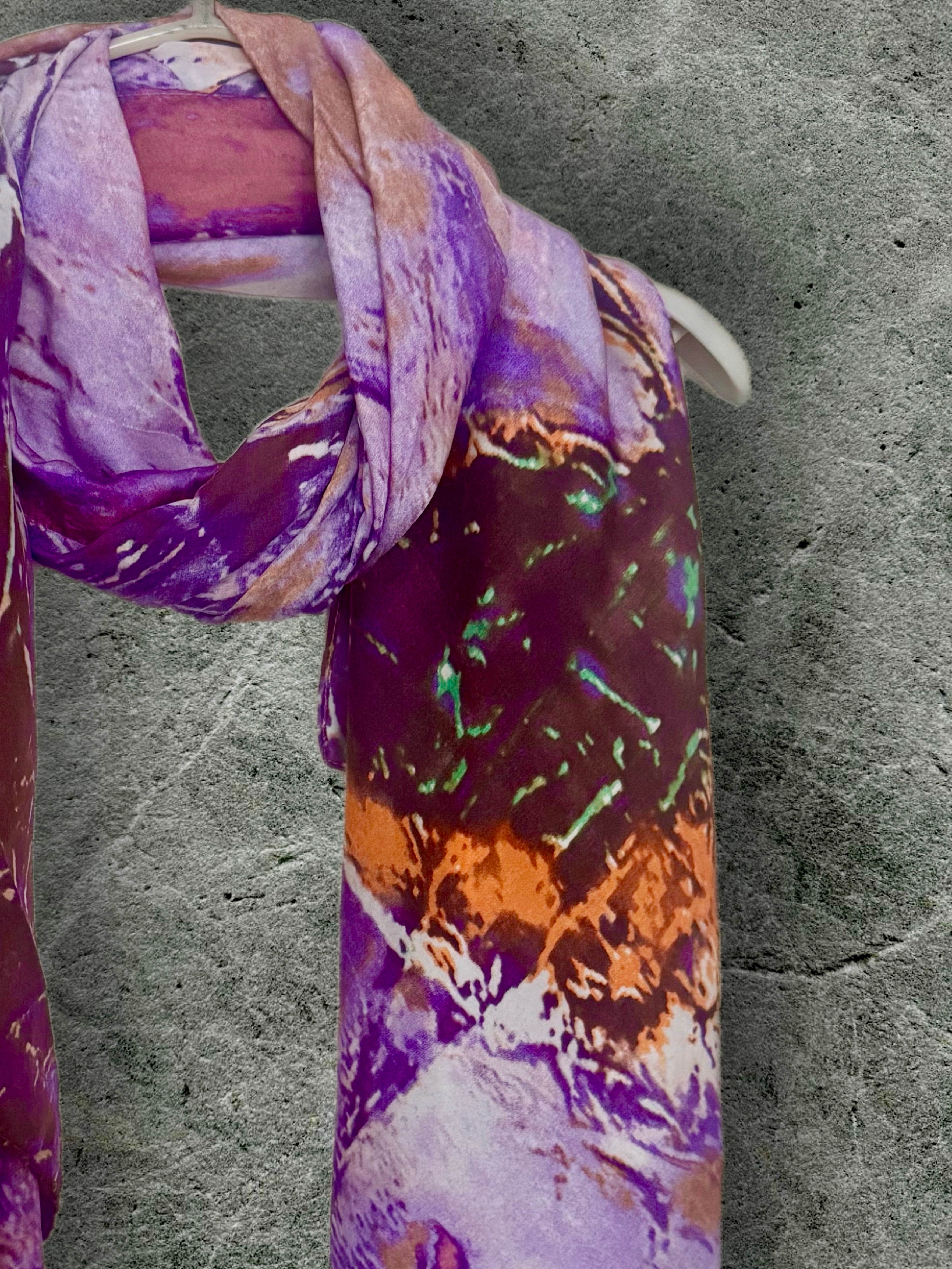 Luxury Silk Scarf with Abstract Art Print in Purple Tones,Handmade Women’s Wrap for All Season,Great Gifts for Her,Mom,Birthday or Christmas