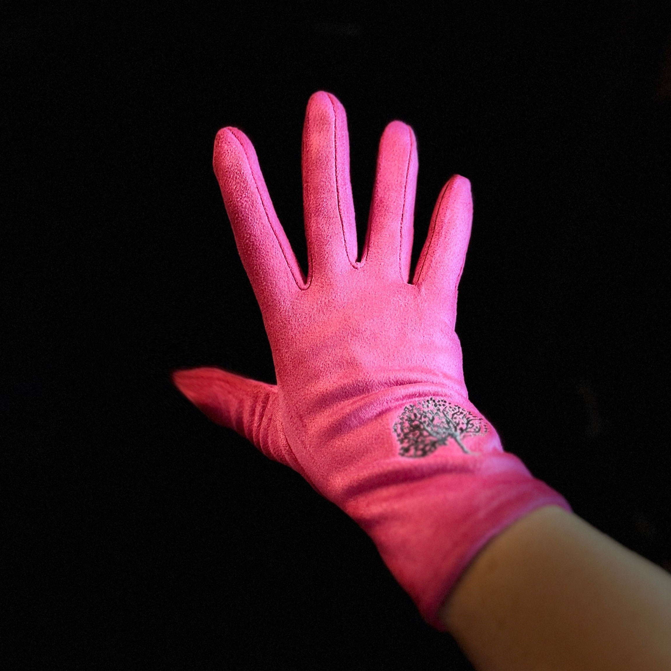 Bright Pink Gloves with Embroidery Mulberry Tree for Women