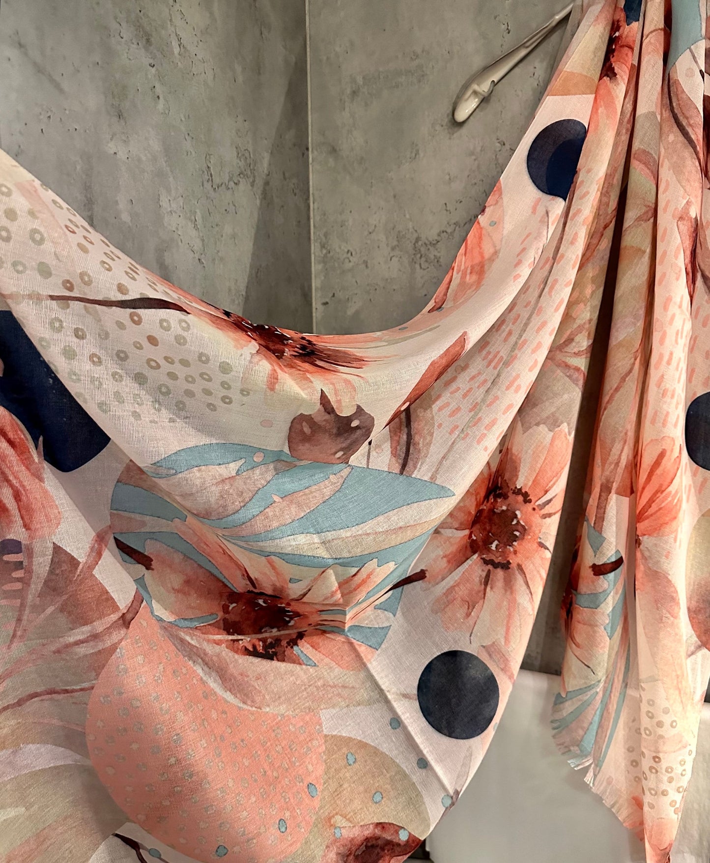 Large Watercolour Flowers Scarf,Organic Cotton Blend Scarf In Beige