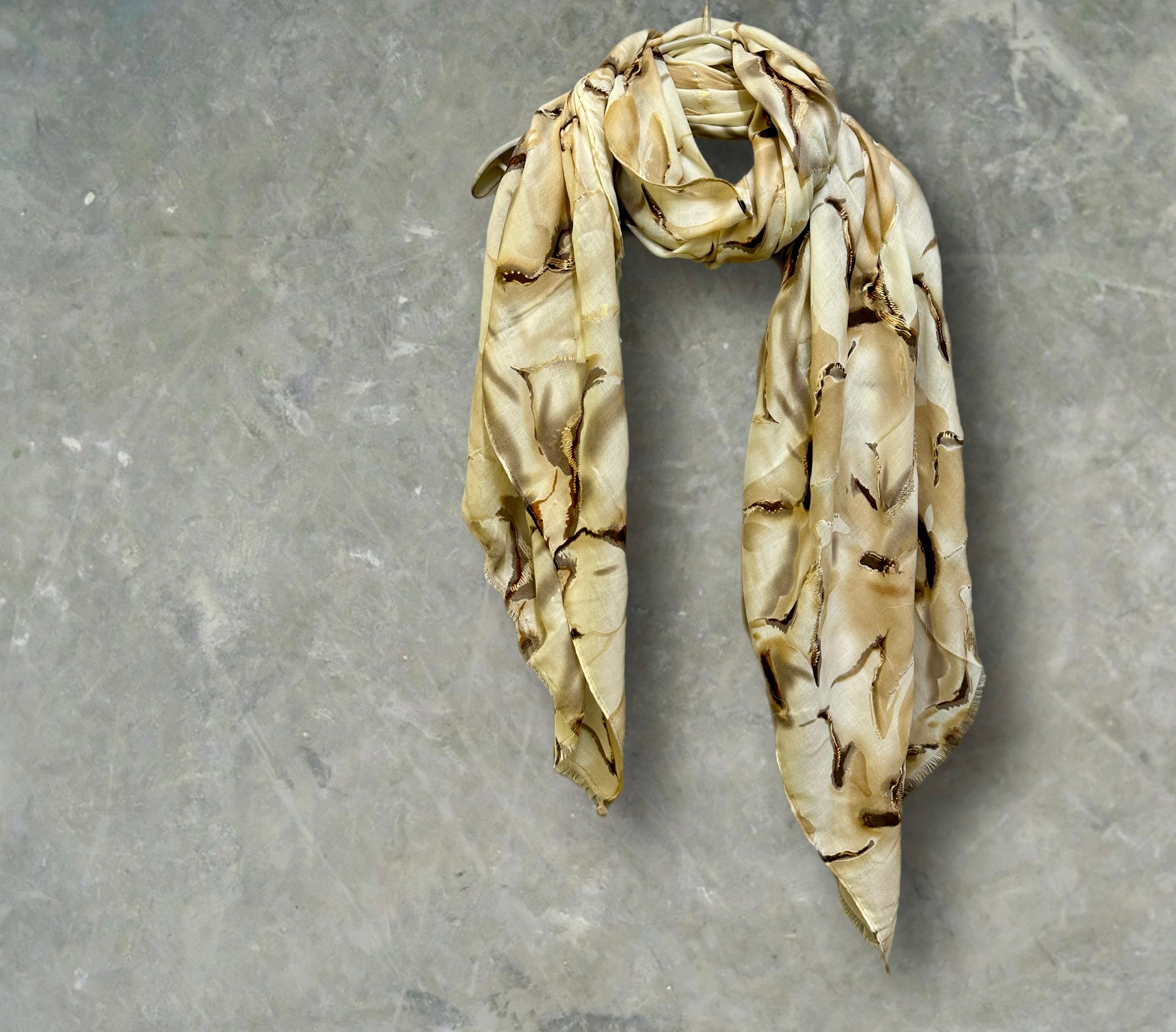 Beige Cotton Scarf for Women with Abstract Paint Splashes and Gold Accents