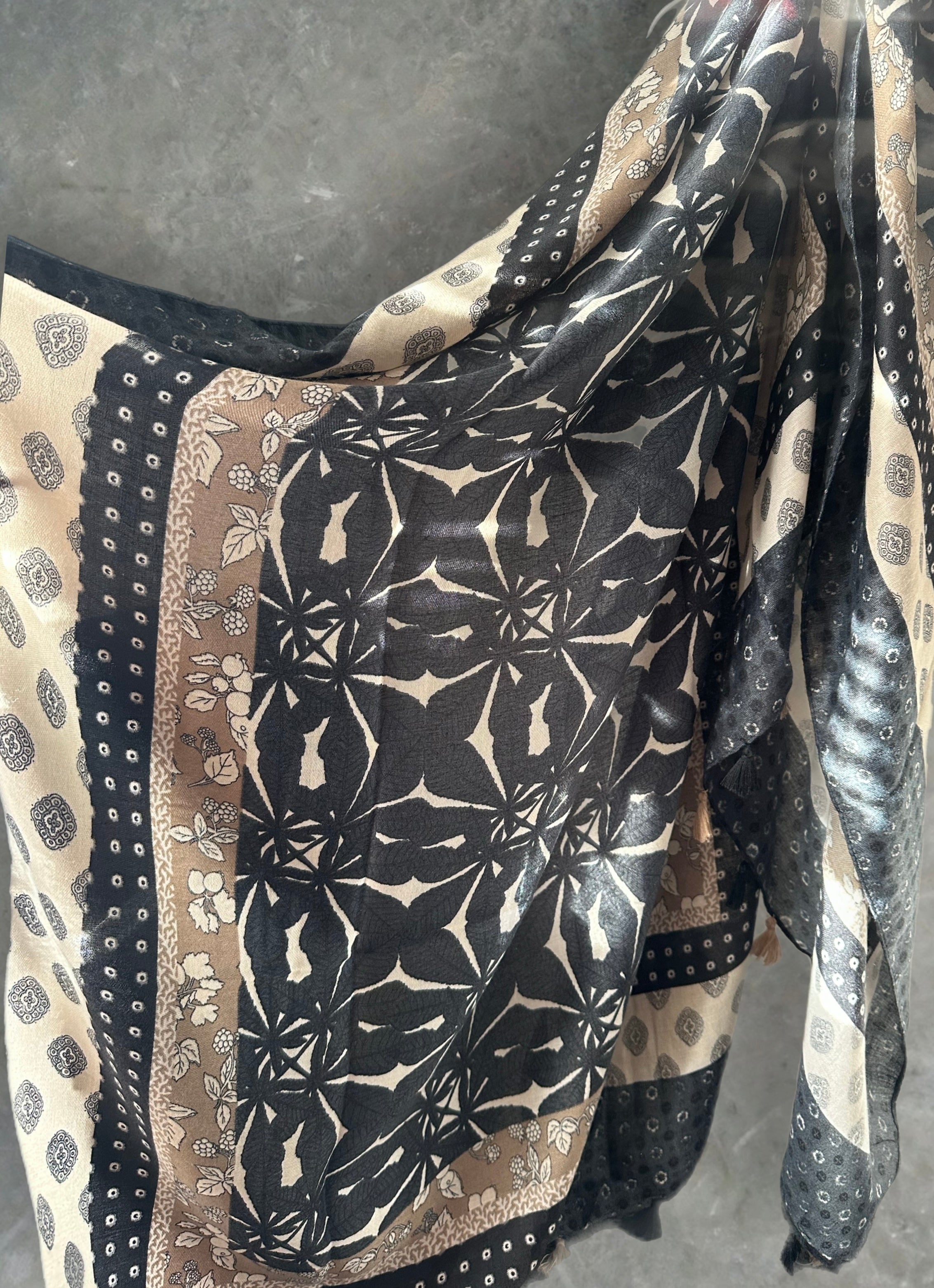 Black Cotton Scarf adorned with Bohemian Flowers Pattern and Tassels.