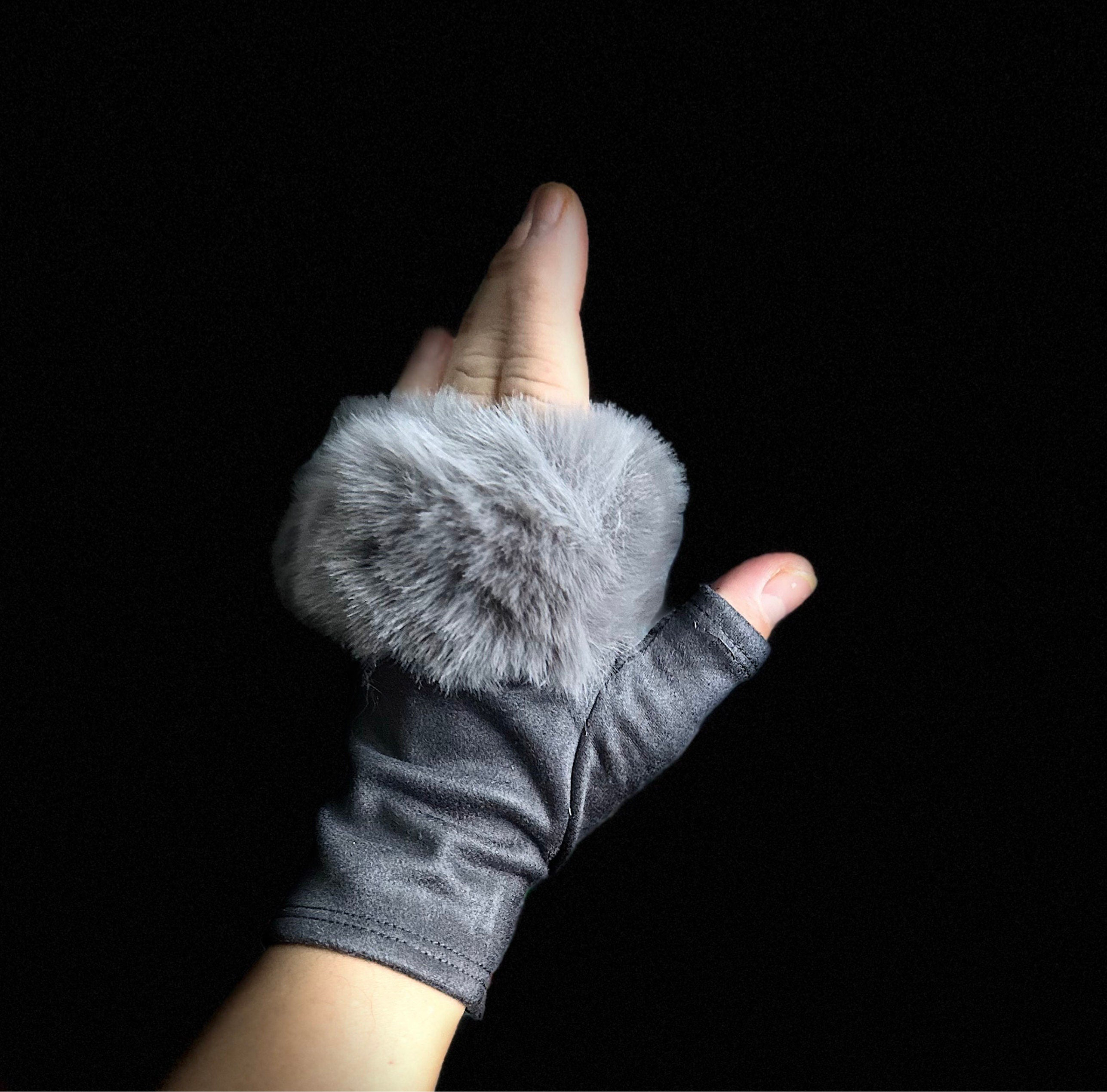 Grey Suede Fingerless Gloves with Faux Fur details,Winter Gloves