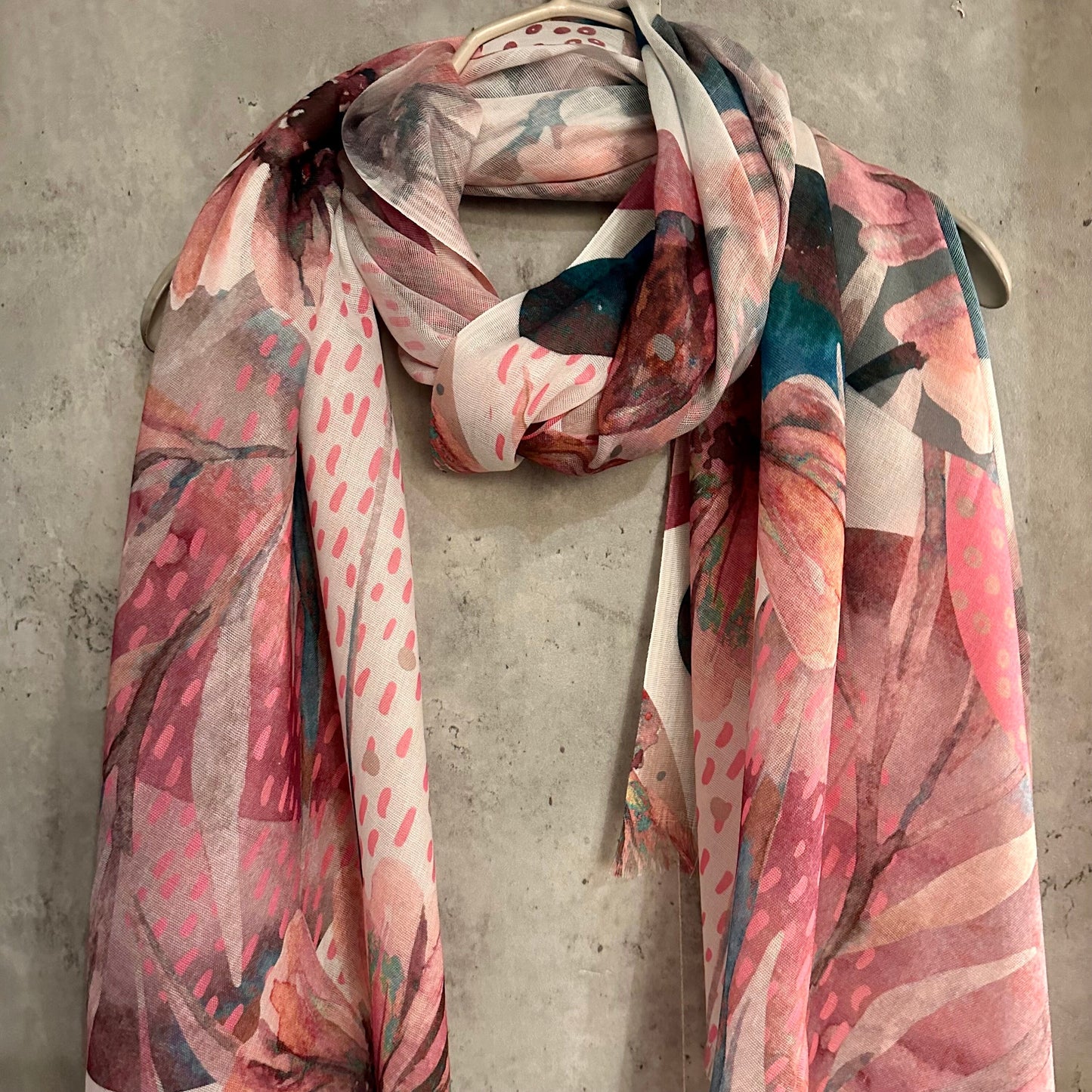 Large Watercolour Flowers Scarf,Organic Cotton Blend Scarf In Purple Pink