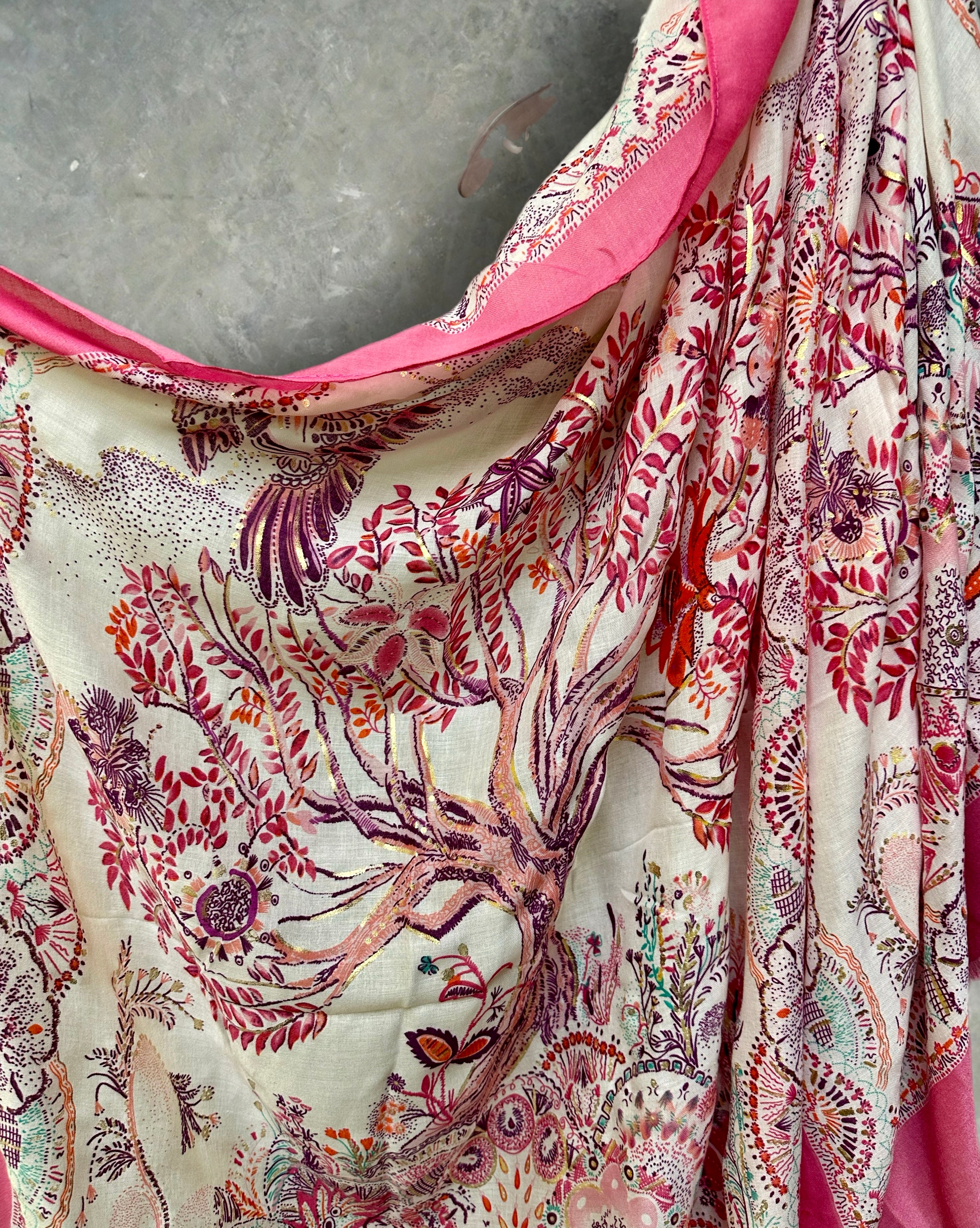 Bright Pink Sketch Tree Scarf with Pink Trim