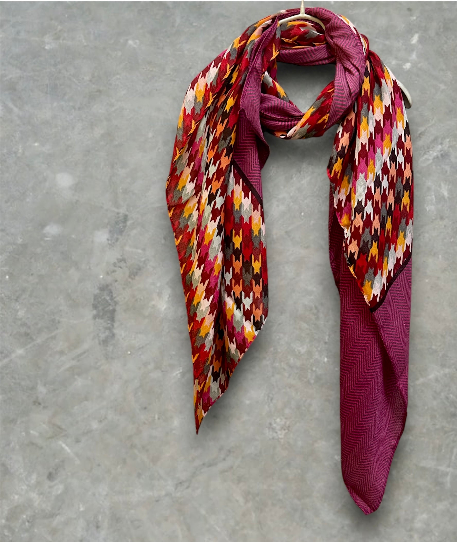 ECO Friendly Houndstooth Pattern Cotton Blend In Dark Pink Scarf
