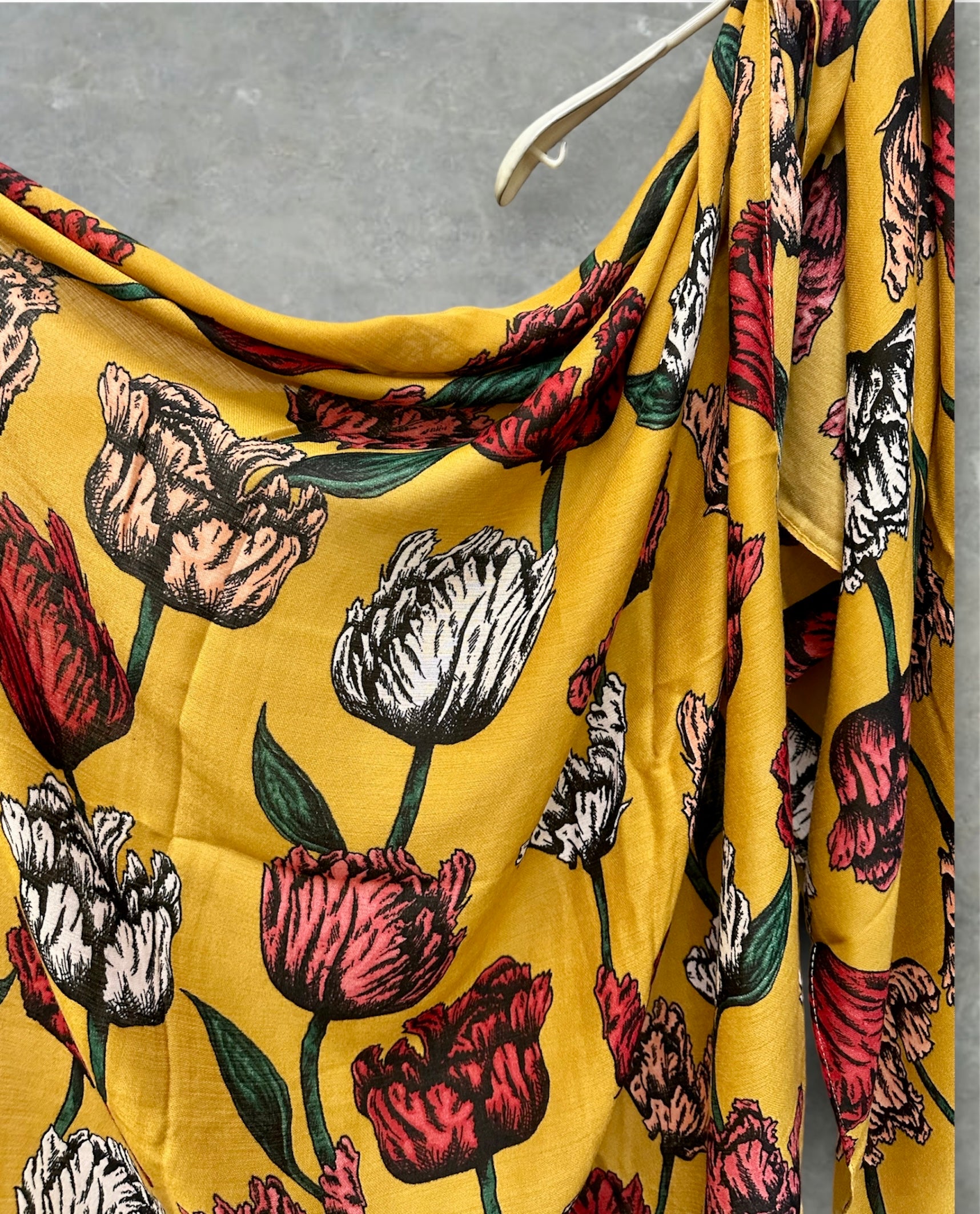 Mustard Yellow Scarf with Eco-Friendly Sketched Parrot Tulips Flower Design