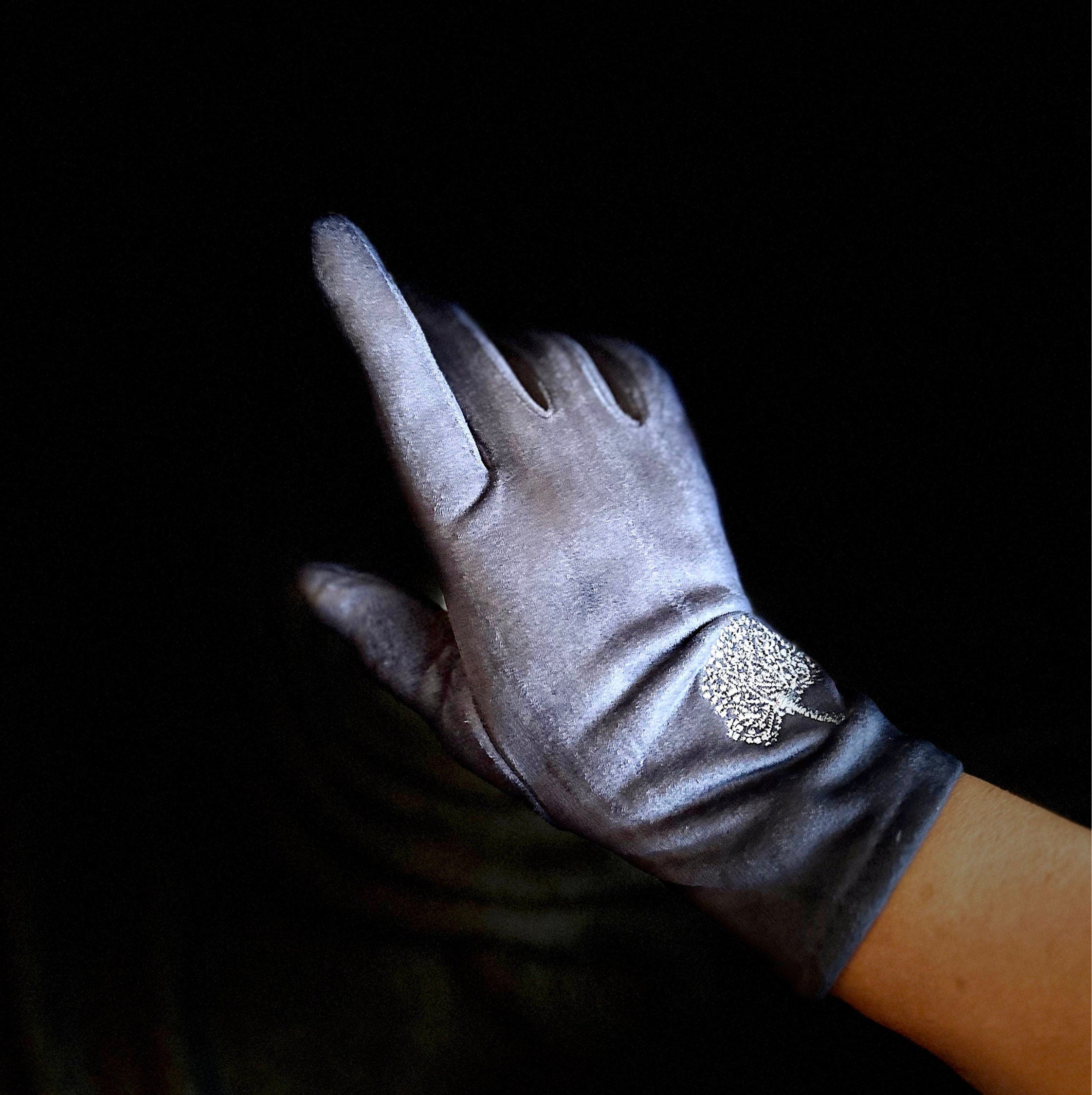 Embroidery Mulberry Tree Navy Blue Gloves,Stretch Suede Fabric