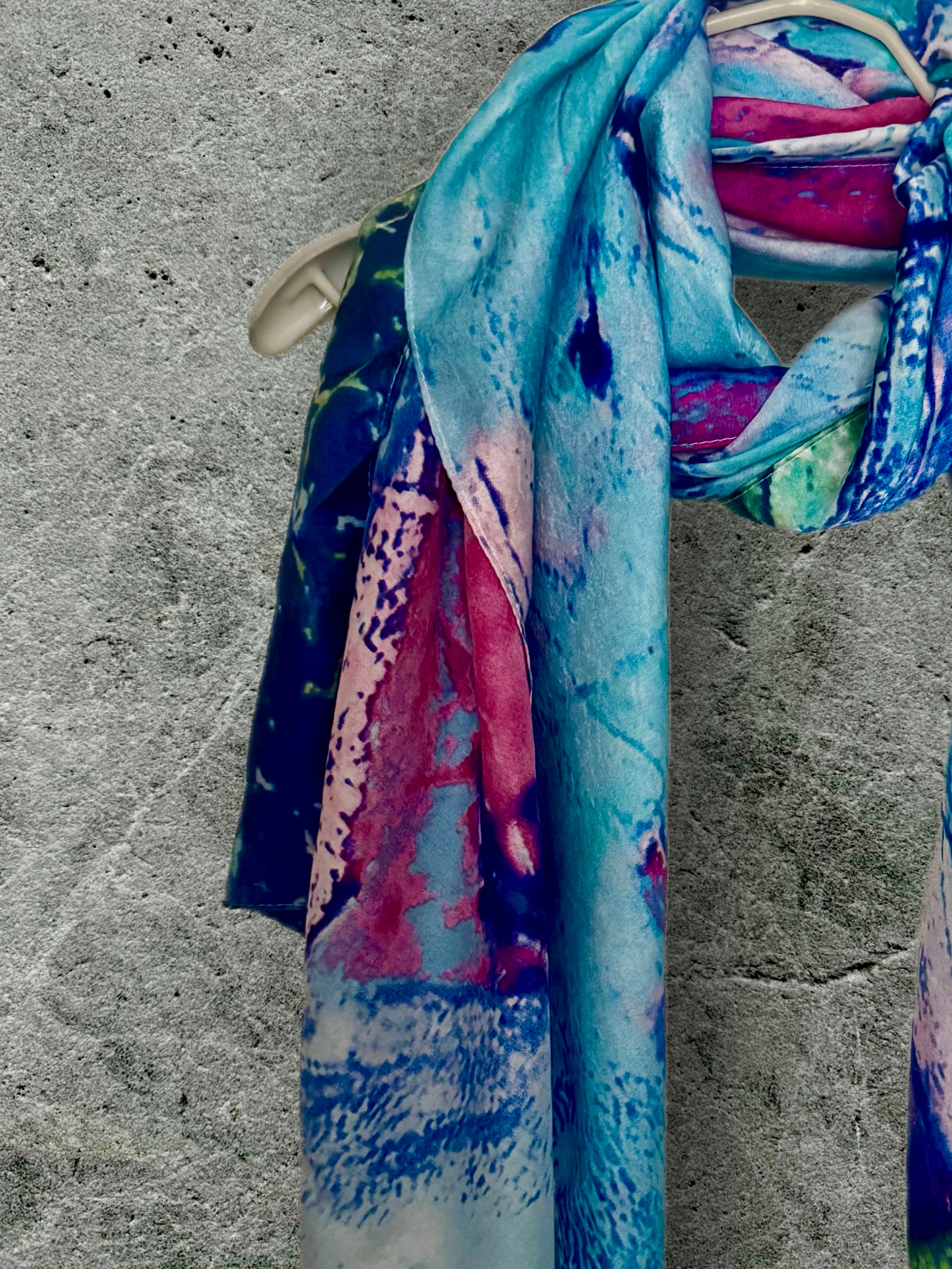 Vibrant Abstract Silk Shawl in Blue Tones,Colorful Modern Art Scarf for Women,Unique Gift for Art Lovers,Birthday,Mom or Christmas