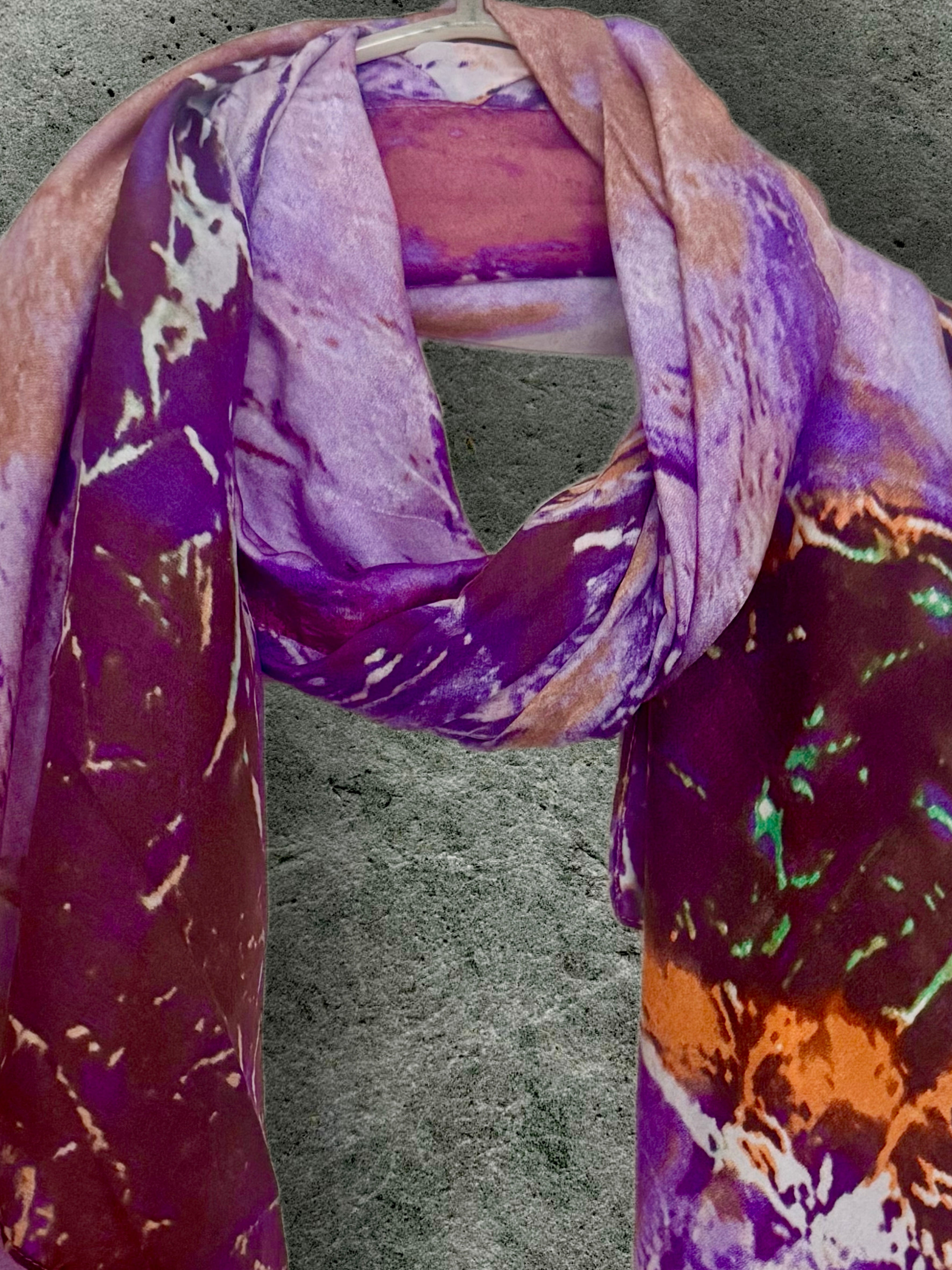 Luxury Silk Scarf with Abstract Art Print in Purple Tones,Handmade Women’s Wrap for All Season,Great Gifts for Her,Mom,Birthday or Christmas