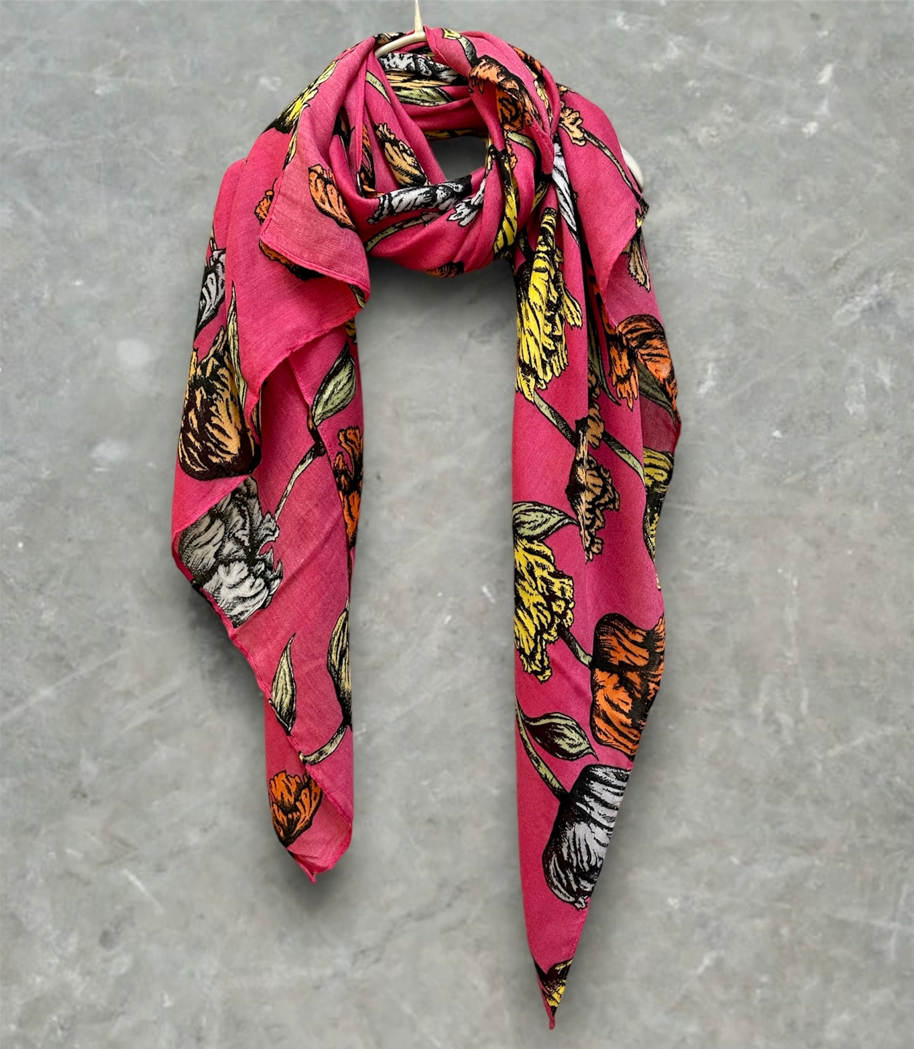Pink Cotton Scarf with Eco-Friendly Sketched Parrot Tulips Flower Design