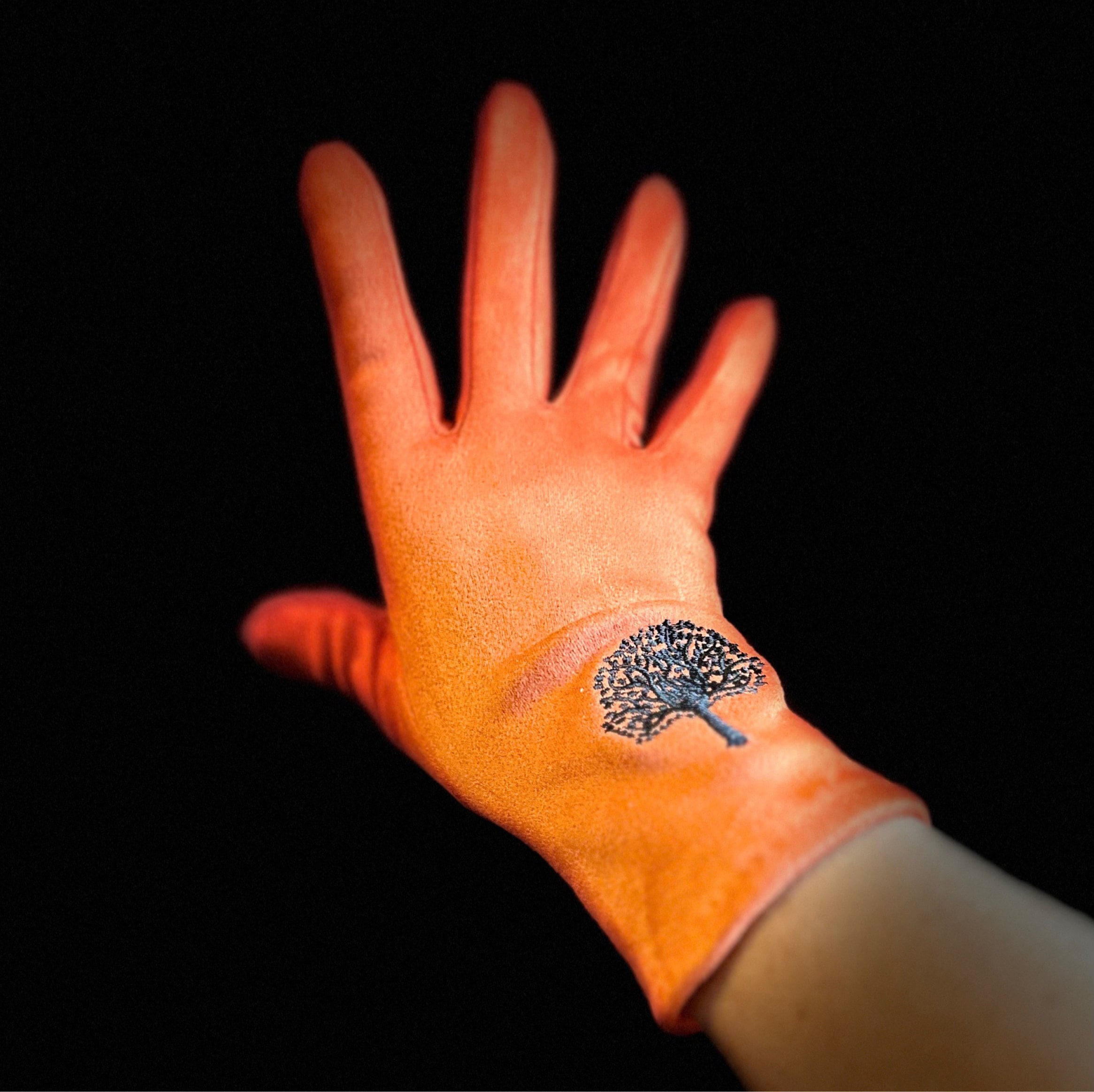 Orange Gloves with Embroidery Mulberry Tree for Women