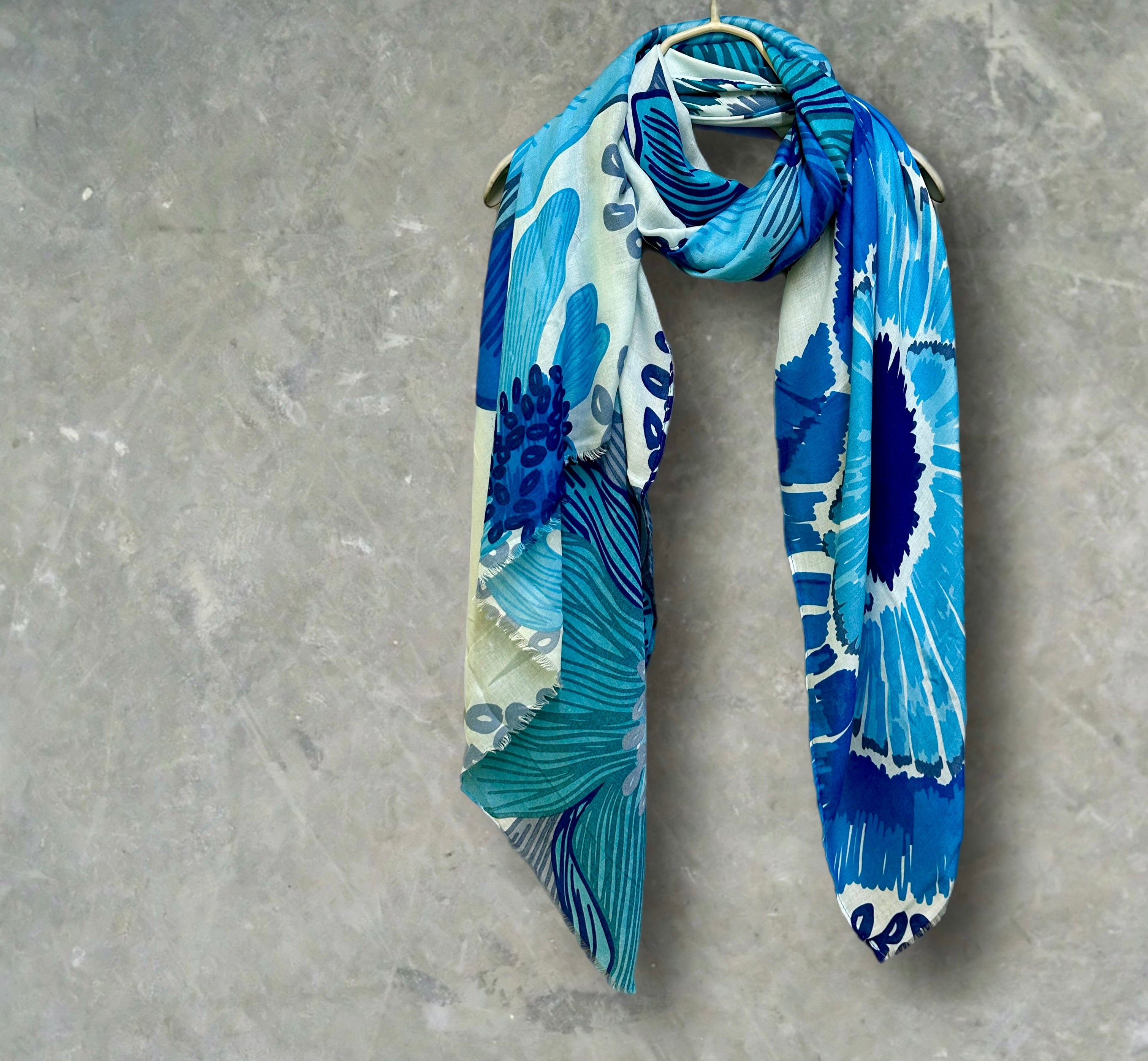 Stunning Blue Scarf Featuring Huge Sketched Flowers