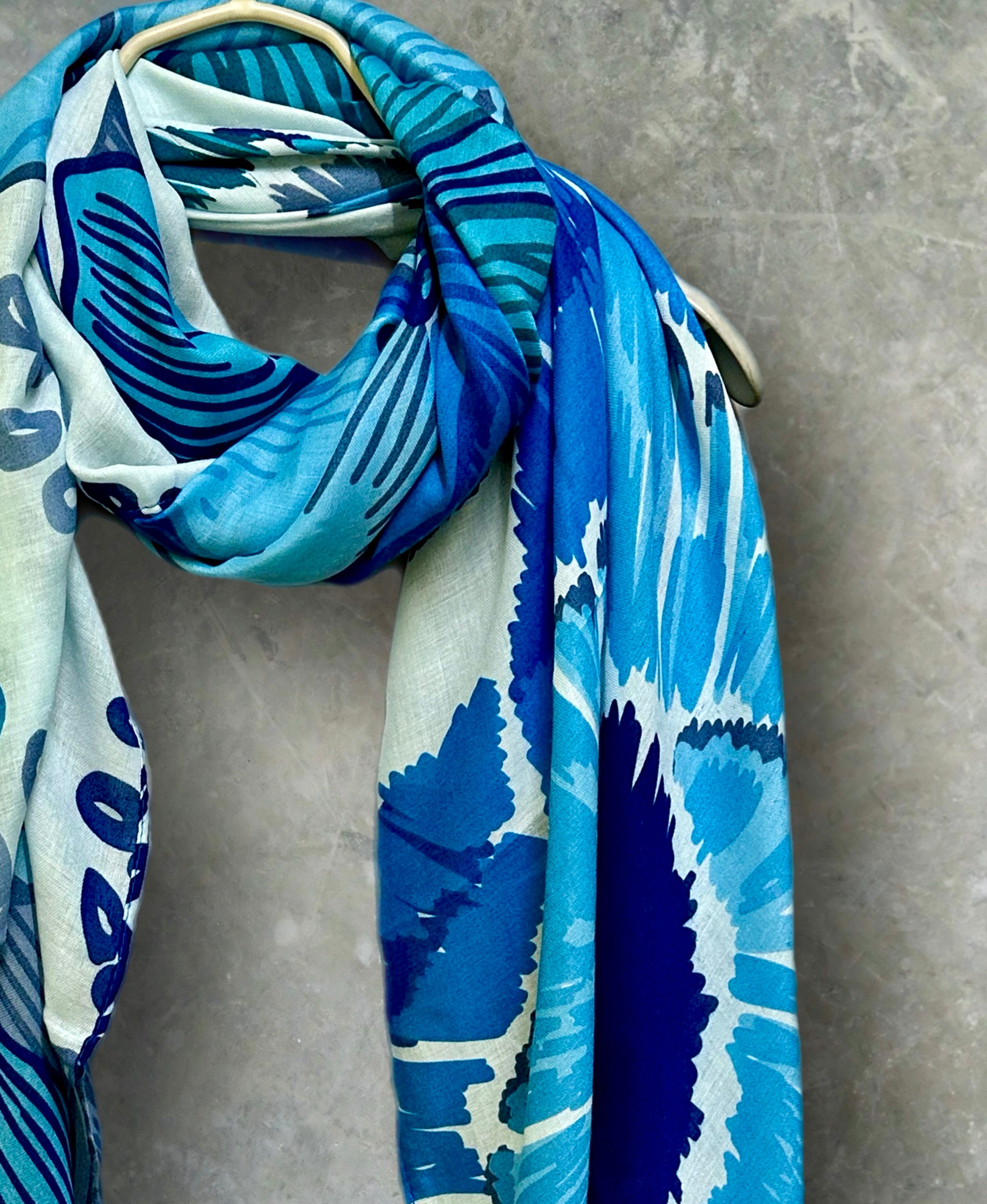 Stunning Blue Scarf Featuring Huge Sketched Flowers