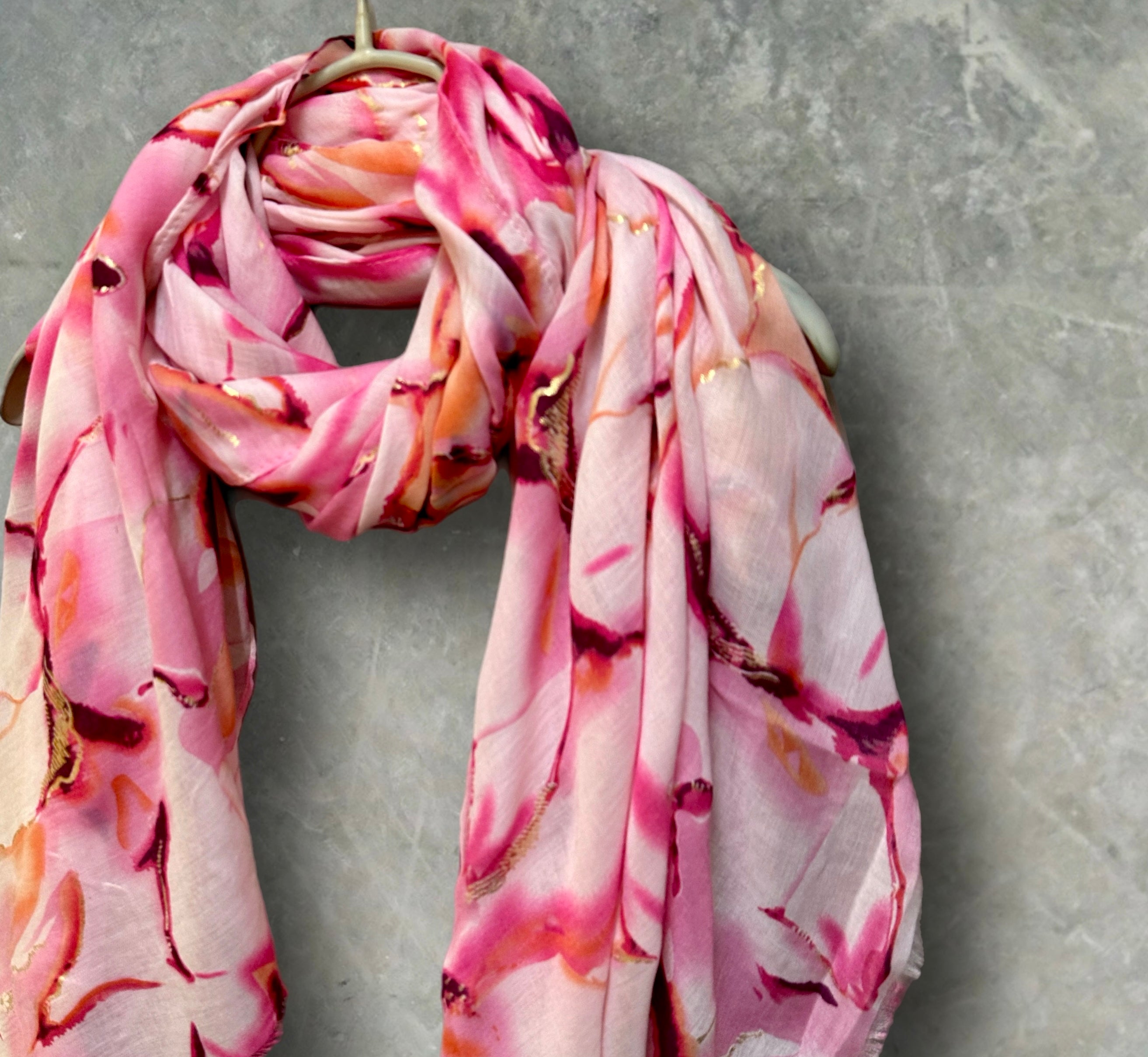 Pink Cotton Scarf for Women with Abstract Paint Splashes and Gold Accents