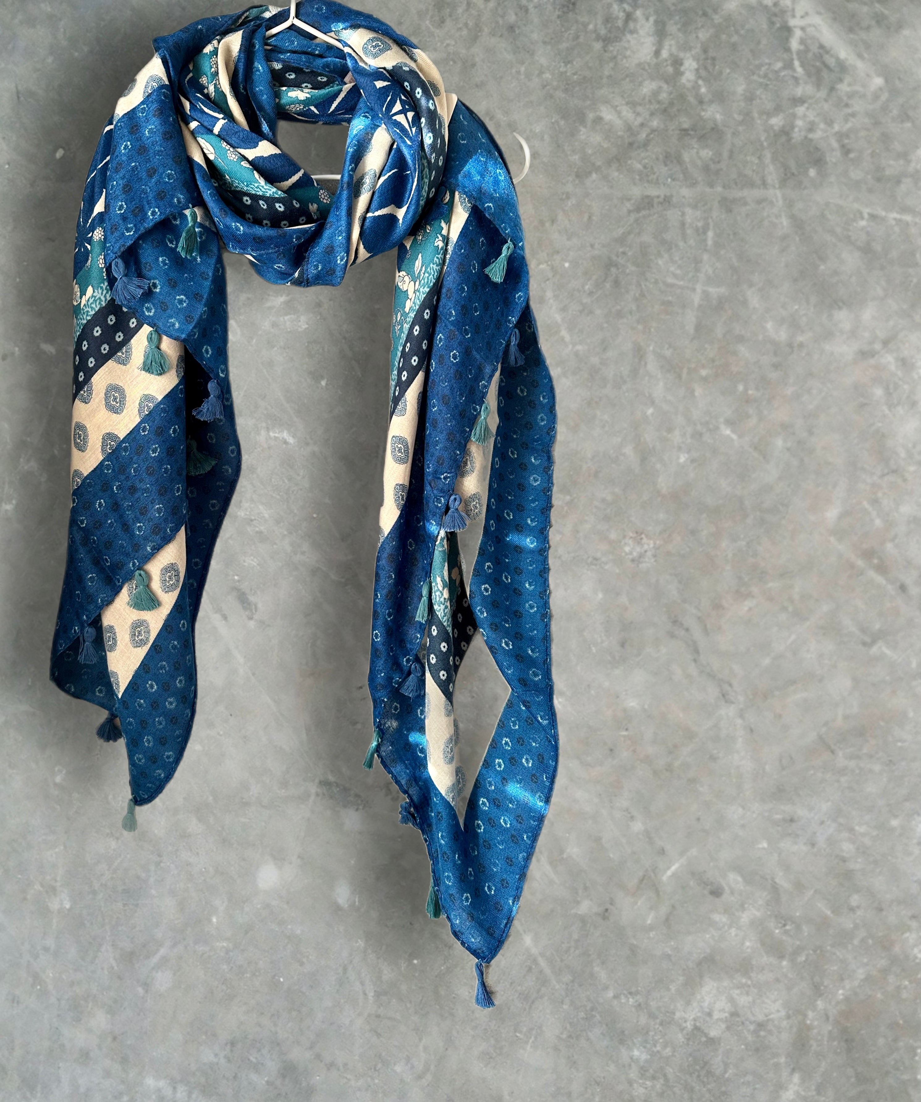 Bohemian Flowers Pattern with Tassels Blue Cotton Scarf