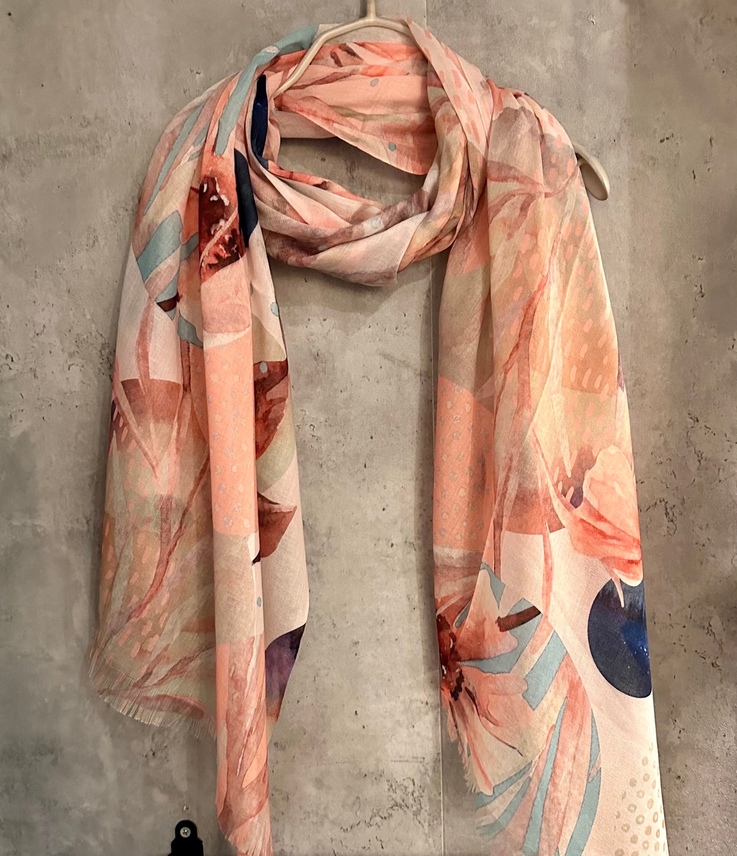 Large Watercolour Flowers Scarf,Organic Cotton Blend Scarf In Beige