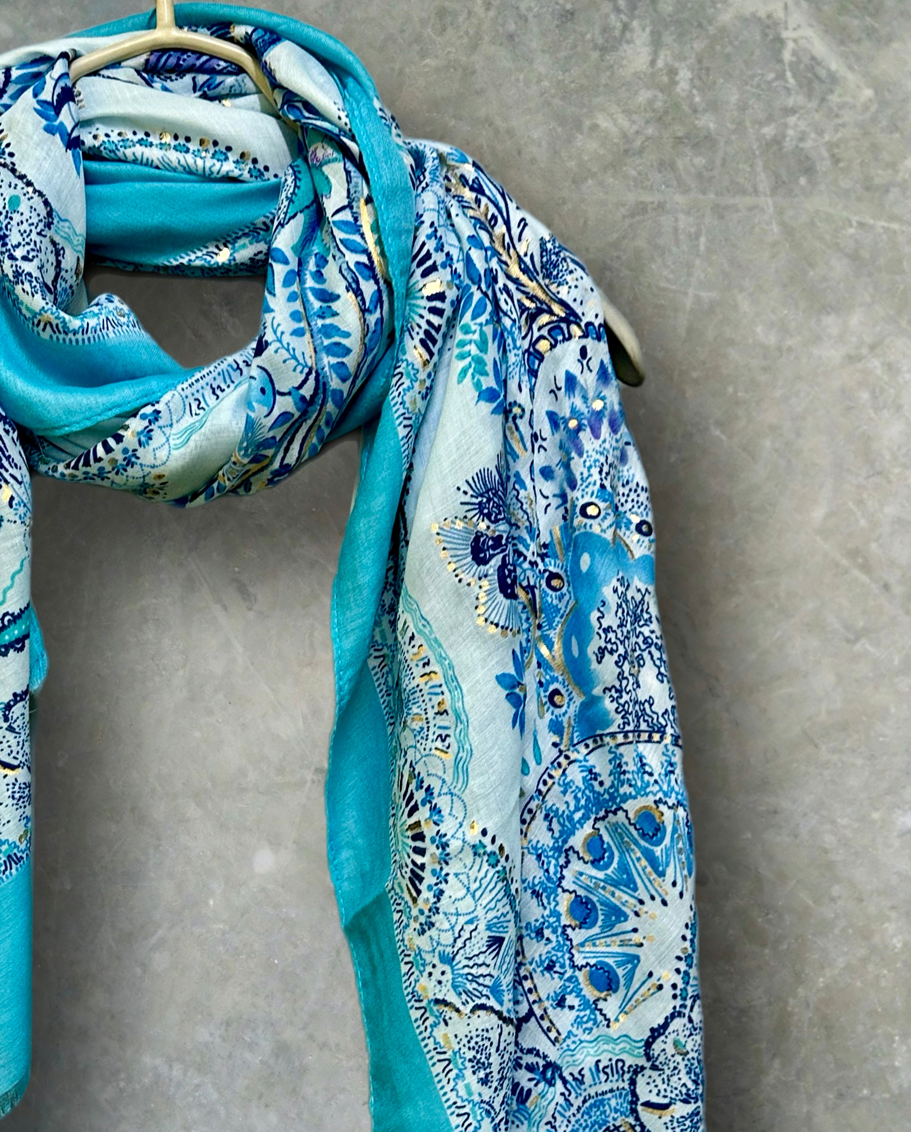 Sky Blue Sketch Tree Scarf with Blue Trim