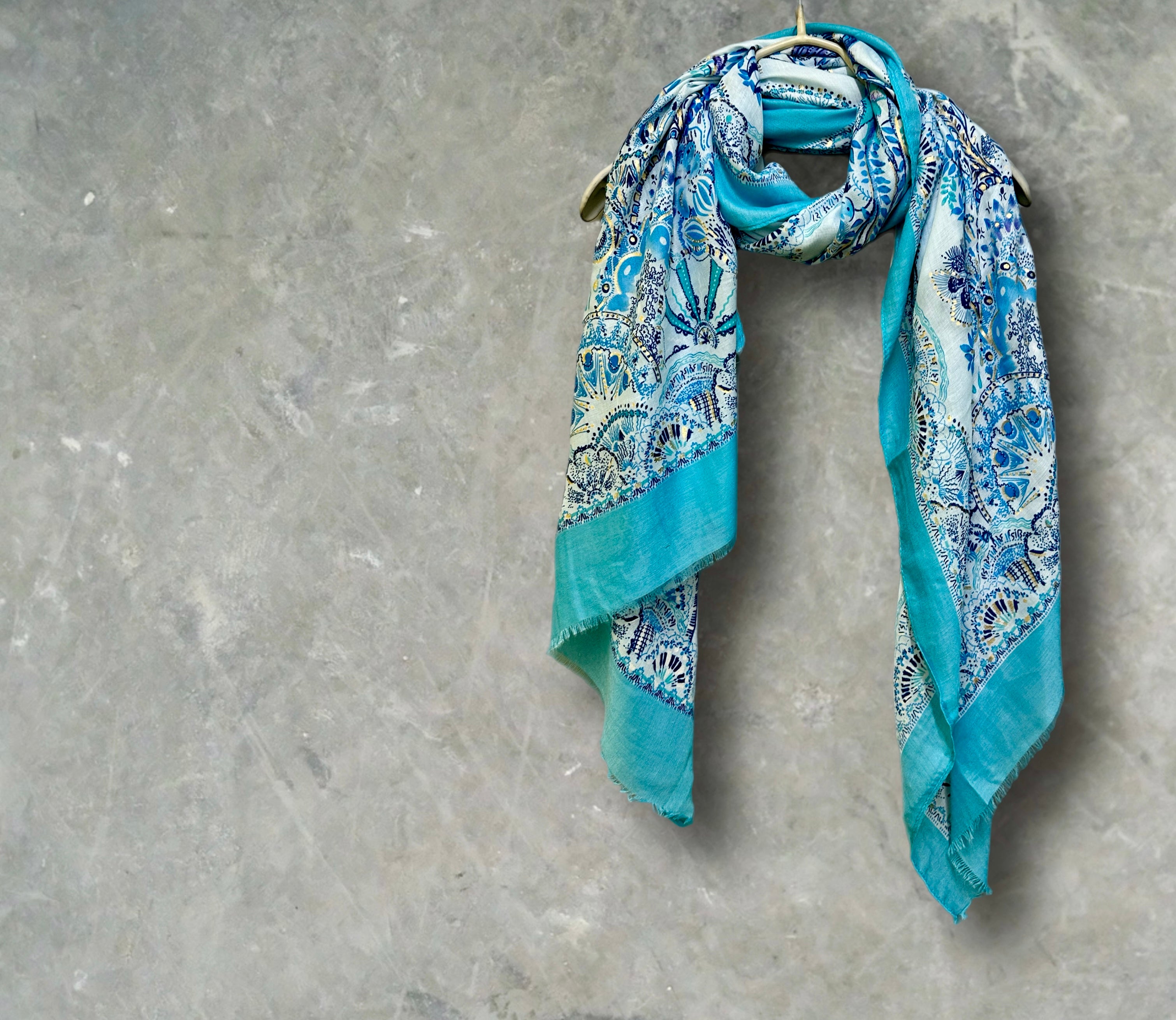 Sky Blue Sketch Tree Scarf with Blue Trim