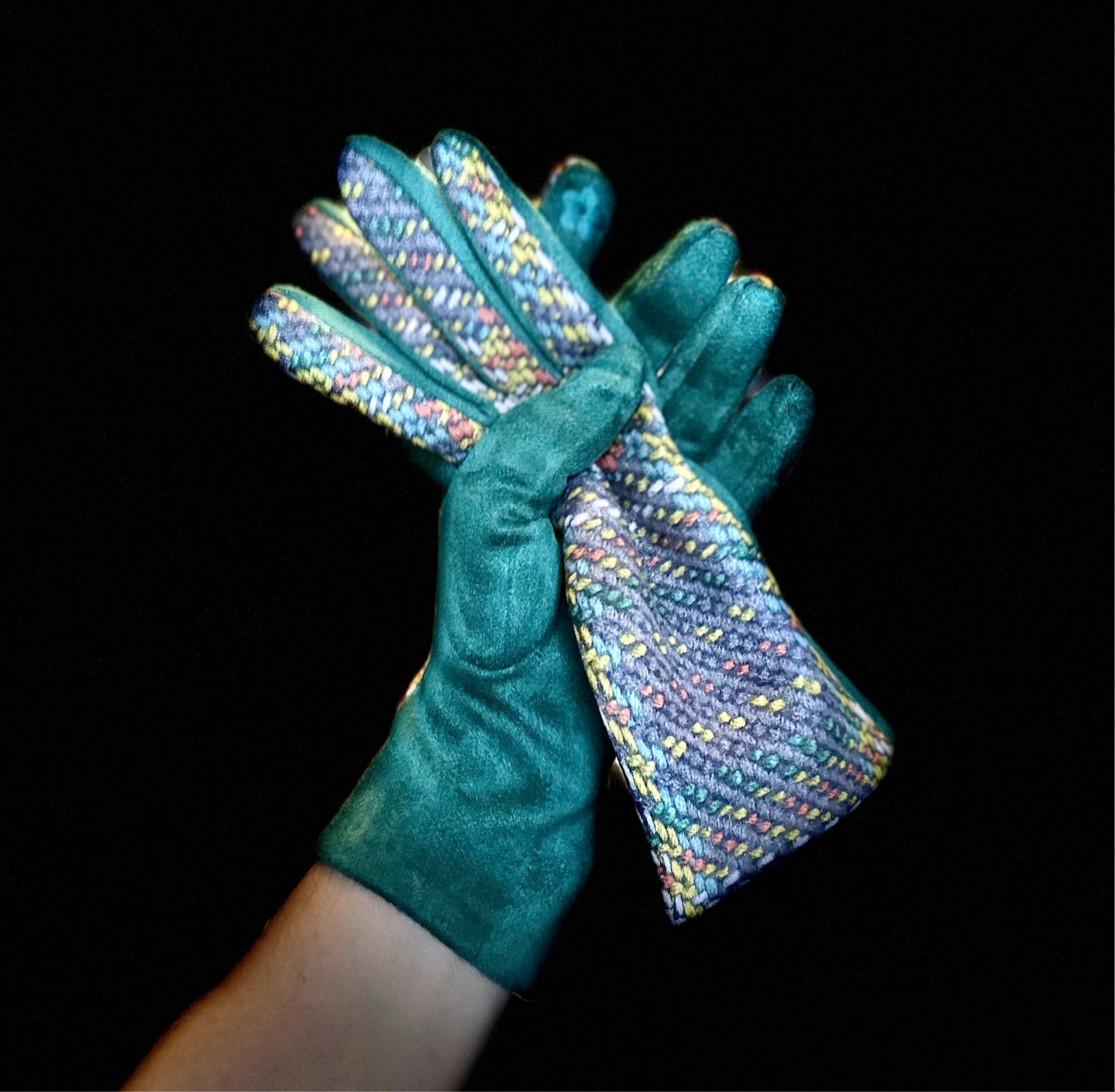 Teal Blue Glove with Tweed,Tartan Pattern for Women