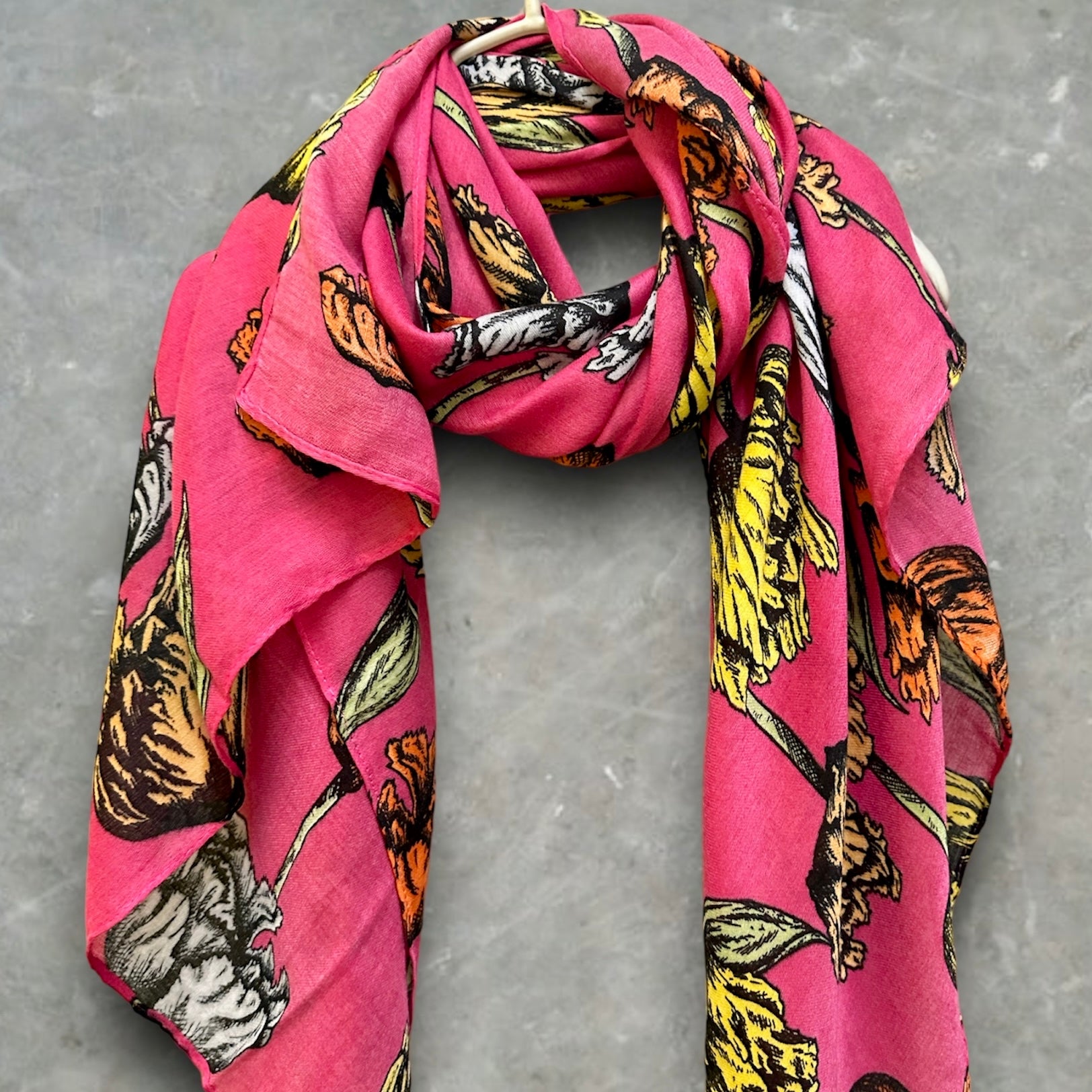 Pink Cotton Scarf with Eco-Friendly Sketched Parrot Tulips Flower Design