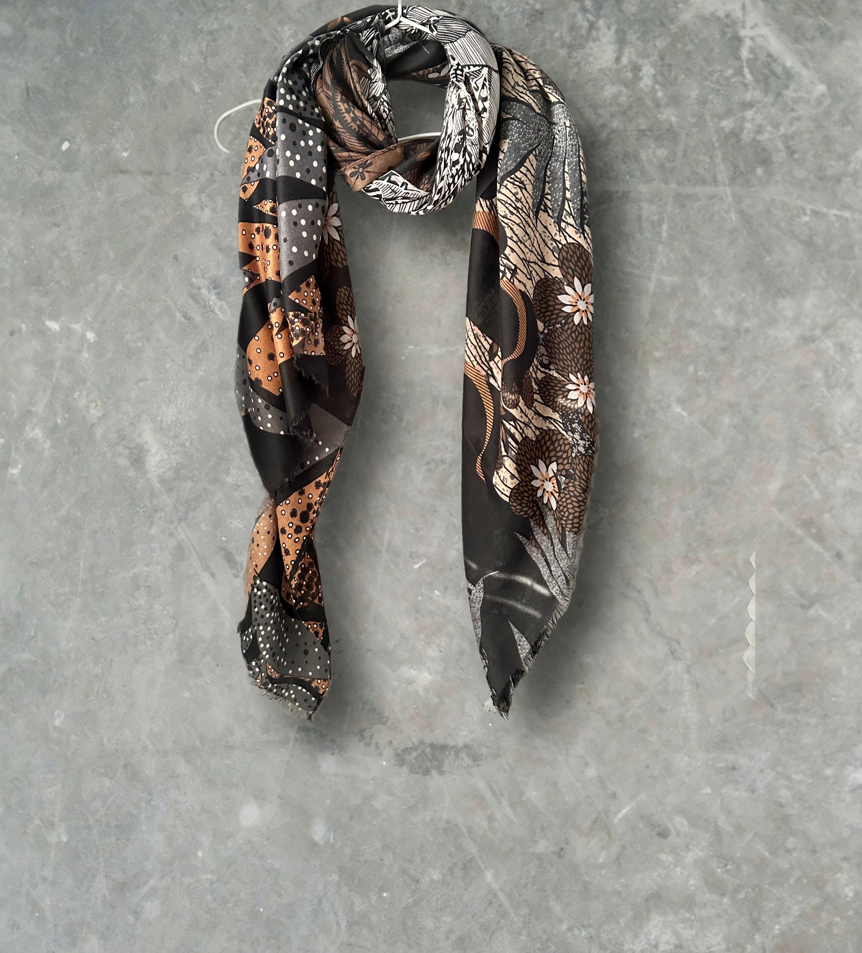 Beautiful Retro Art Deco Flowers Pattern in Black and Grey Cotton Scarf