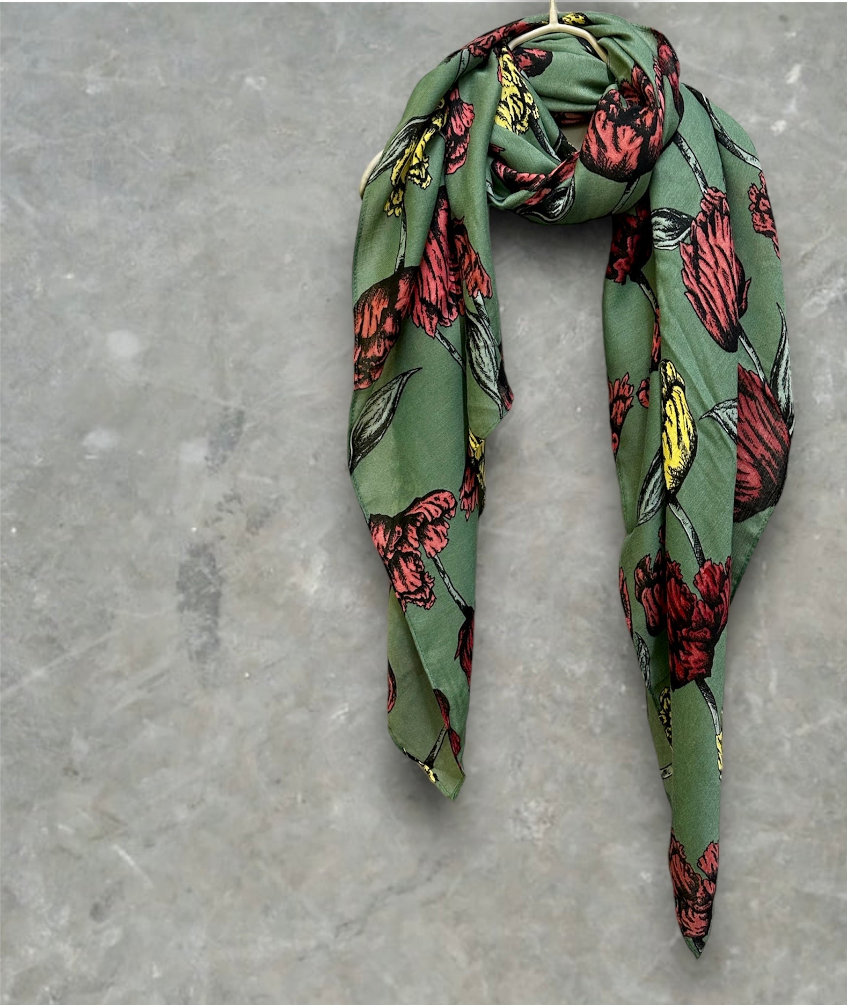 Green Cotton Scarf with Eco-Friendly Sketched Parrot Tulips Flower Design