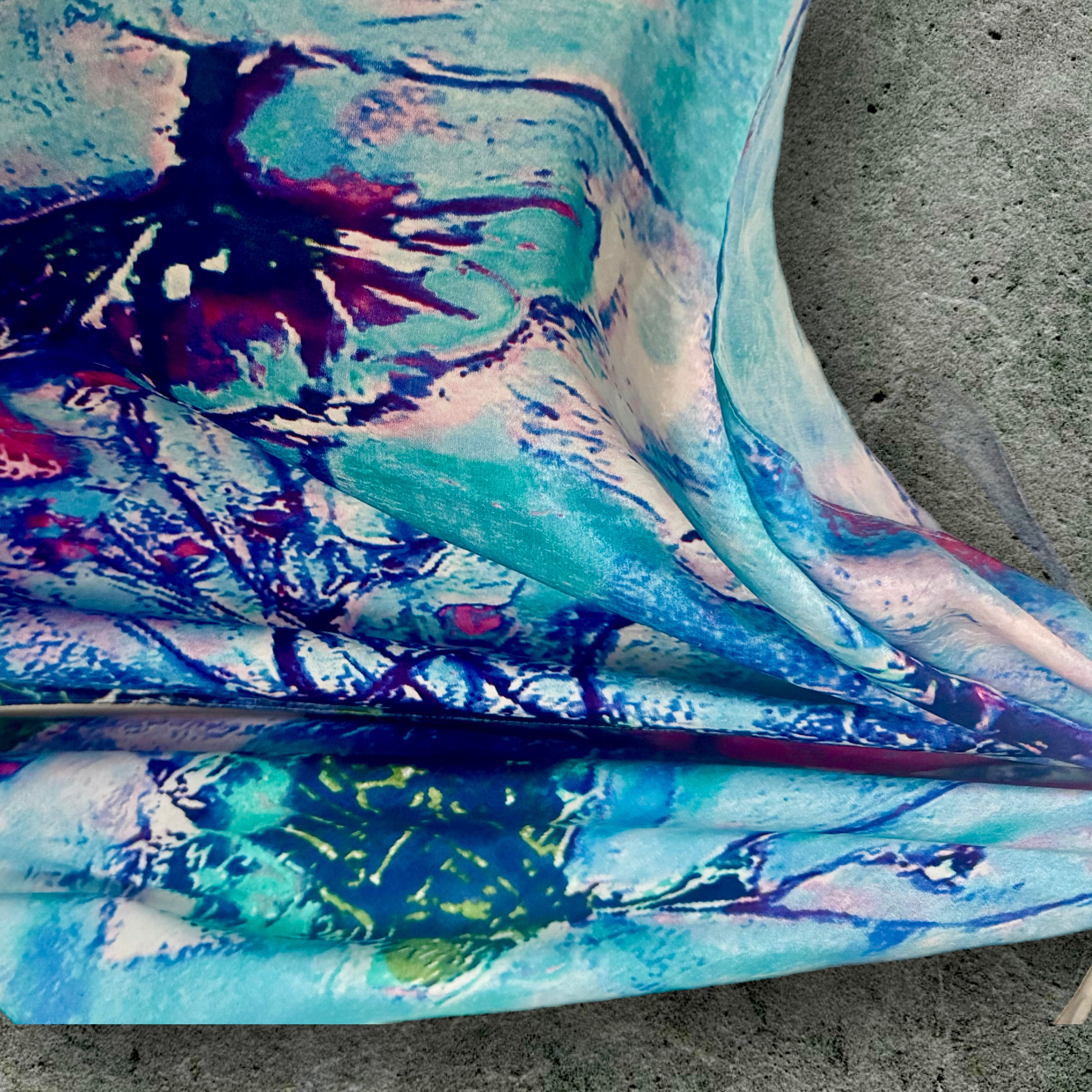 Vibrant Abstract Silk Shawl in Blue Tones,Colorful Modern Art Scarf for Women,Unique Gift for Art Lovers,Birthday,Mom or Christmas