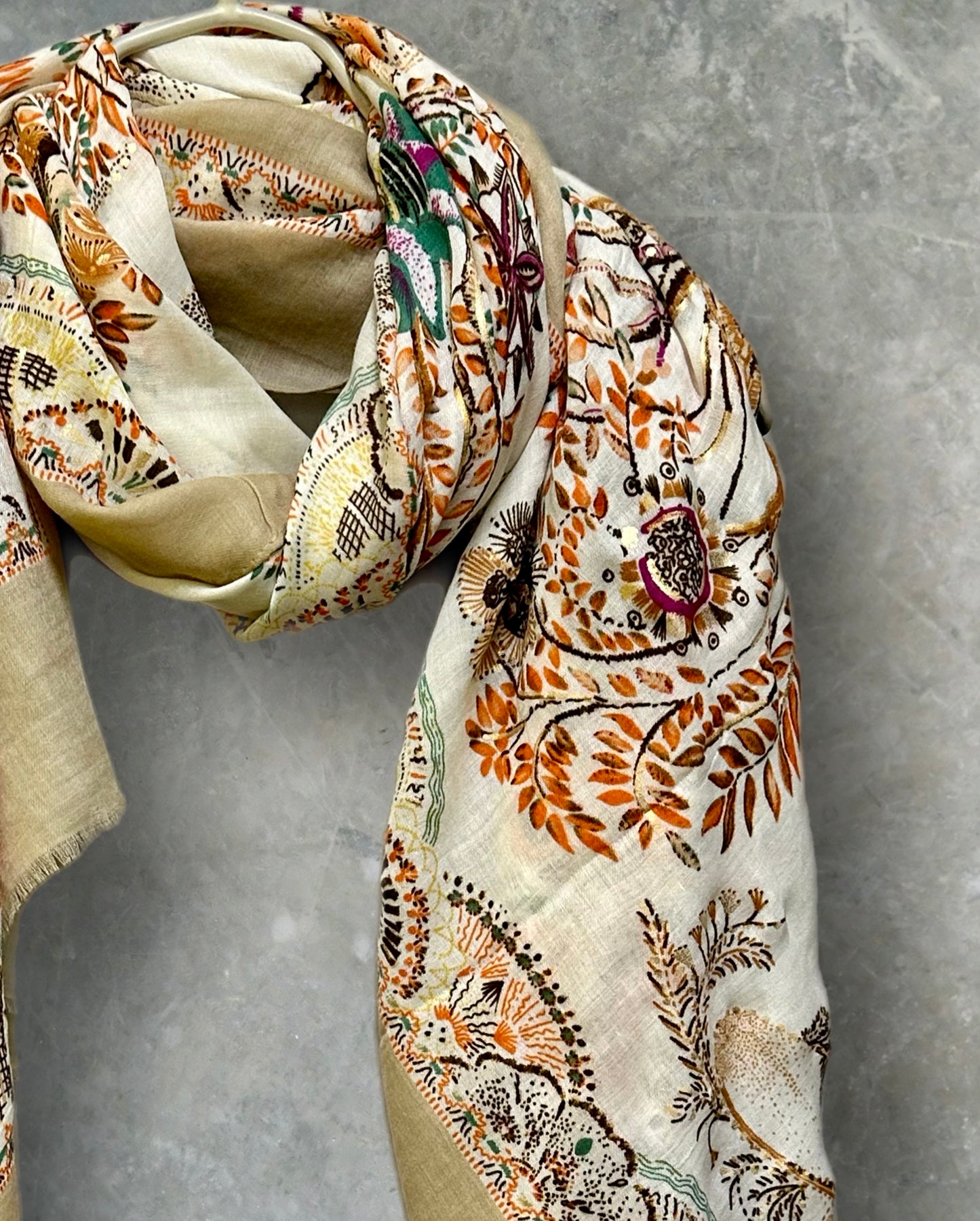 Off-White Sketch Tree Scarf with Brown Trim,Perfect for Women,All Seasons,Ideal Gifts for Her,Mom, Birthday and Christmas.
