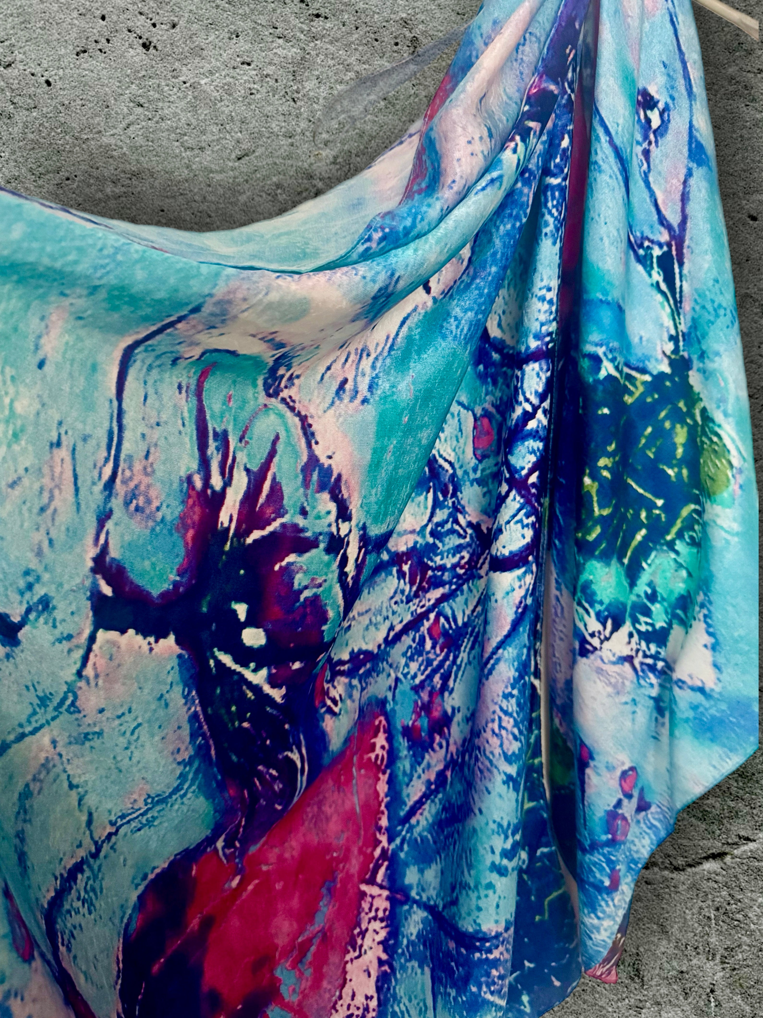 Vibrant Abstract Silk Shawl in Blue Tones,Colorful Modern Art Scarf for Women,Unique Gift for Art Lovers,Birthday,Mom or Christmas