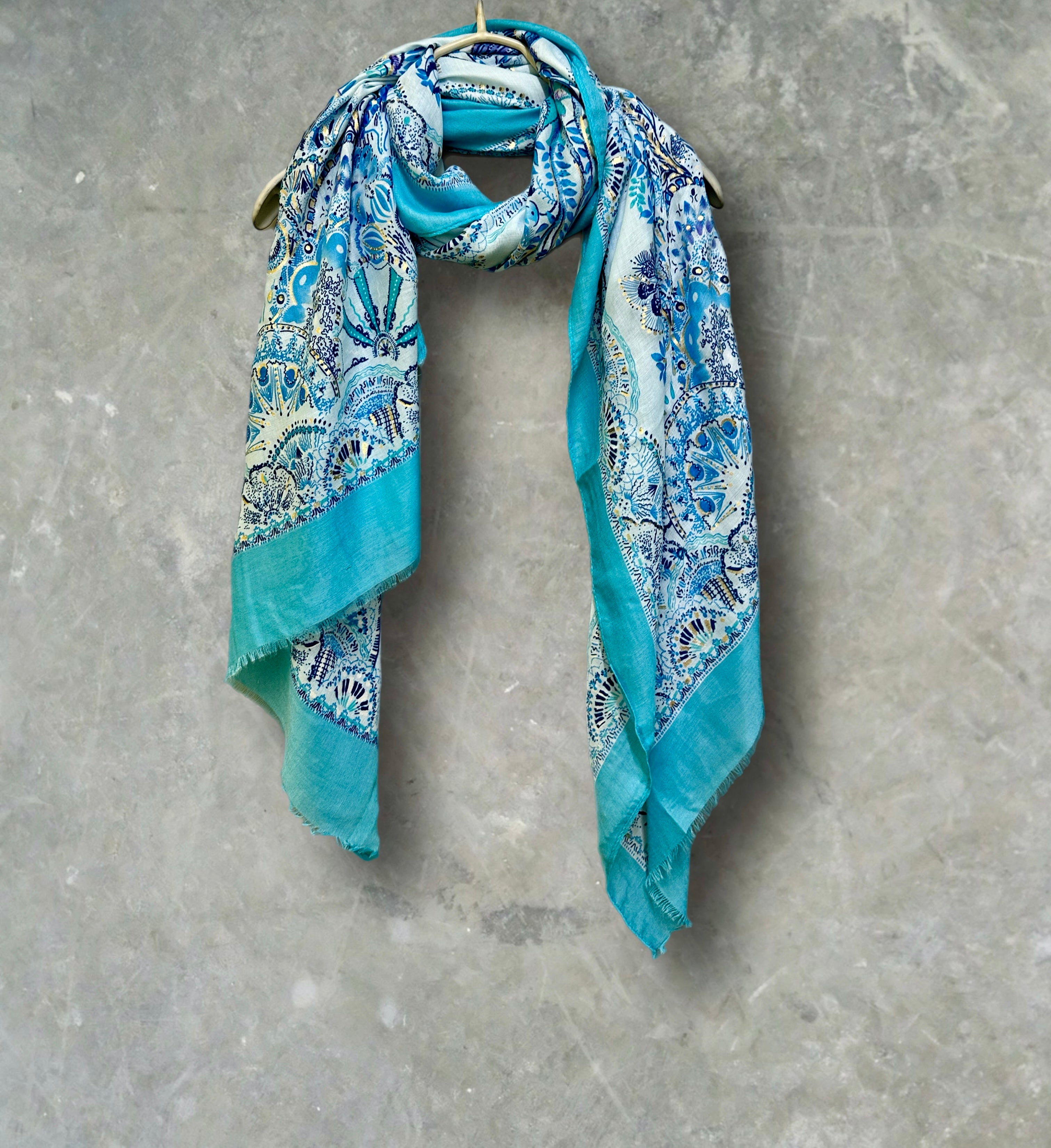 Sky Blue Sketch Tree Scarf with Blue Trim