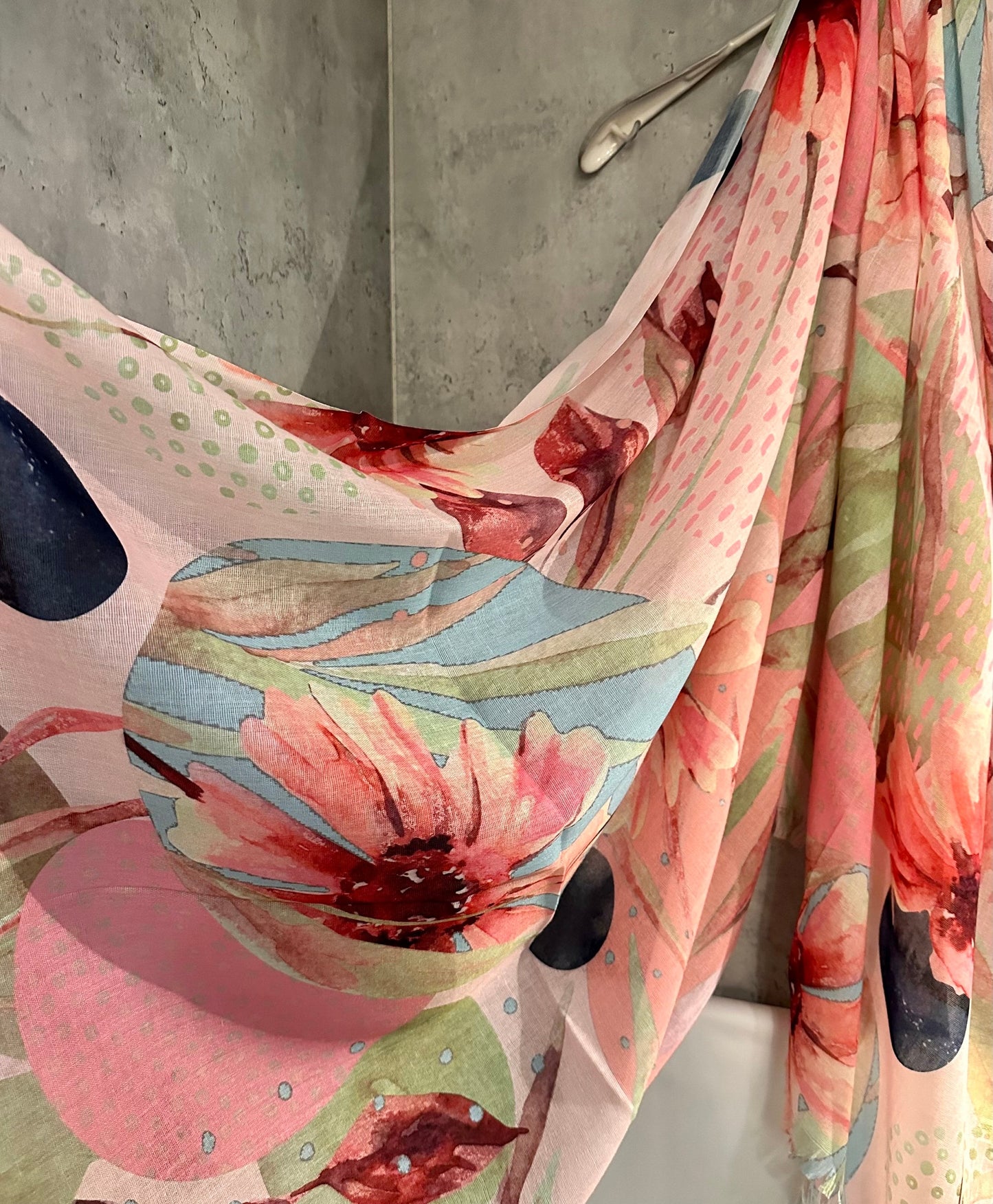 Large Watercolour Flowers Scarf,Organic Cotton Blend Scarf In Pink Blue.