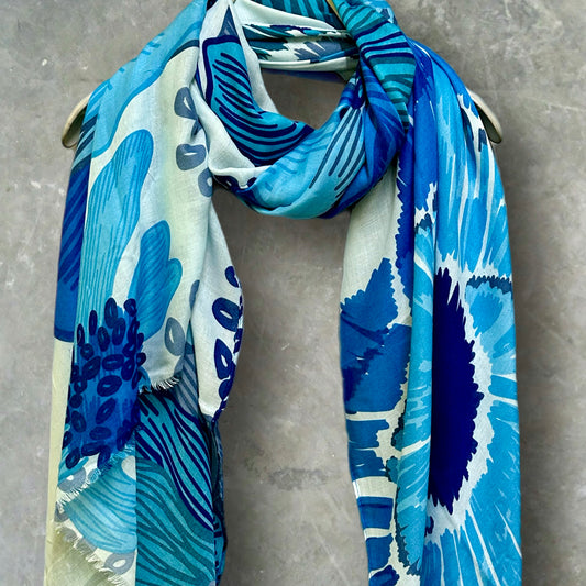 Stunning Blue Scarf Featuring Huge Sketched Flowers for Women,Great for All Seasons,Perfect Gifts for Her,Mother,Birthday and Christmas
