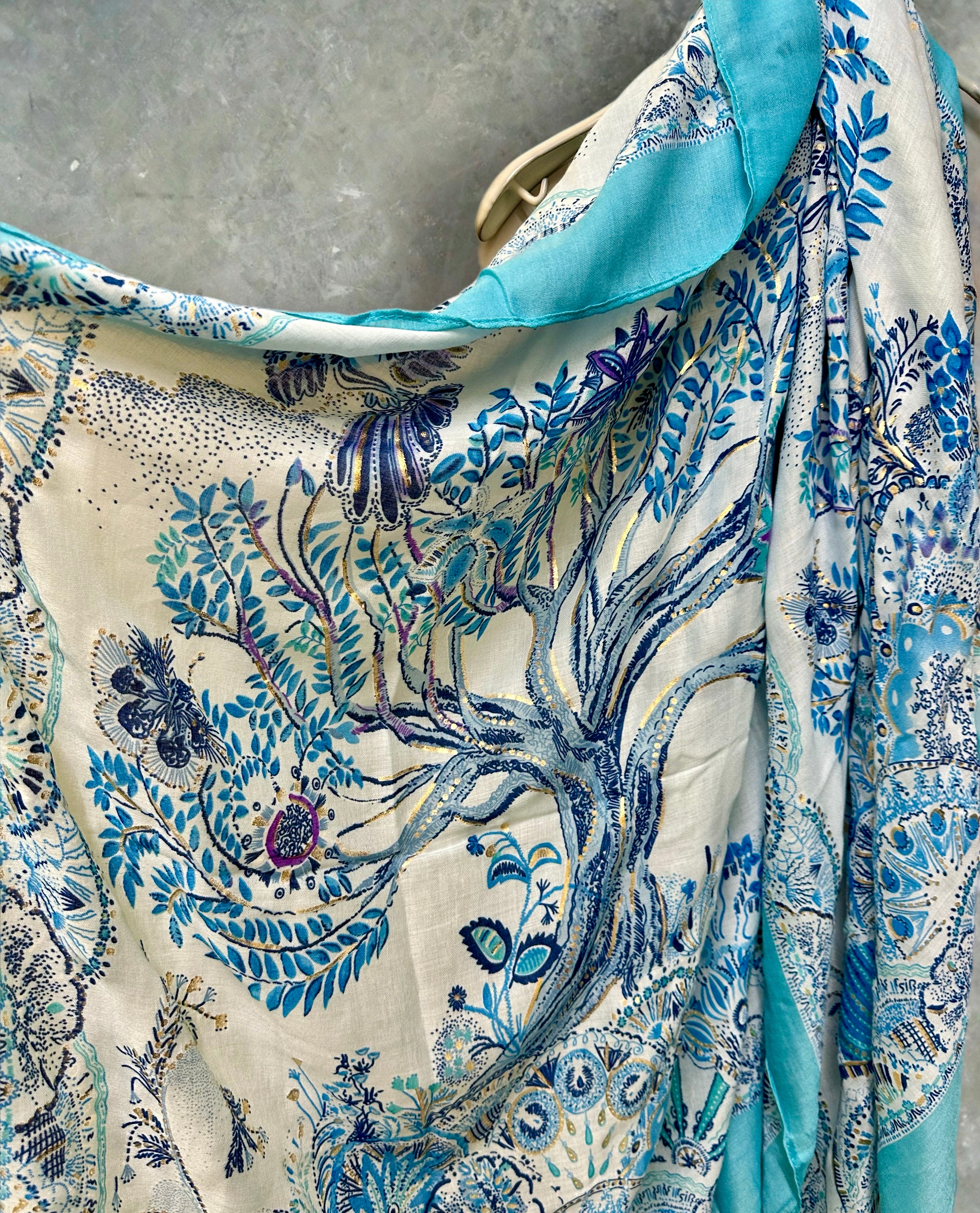 Sky Blue Sketch Tree Scarf with Blue Trim