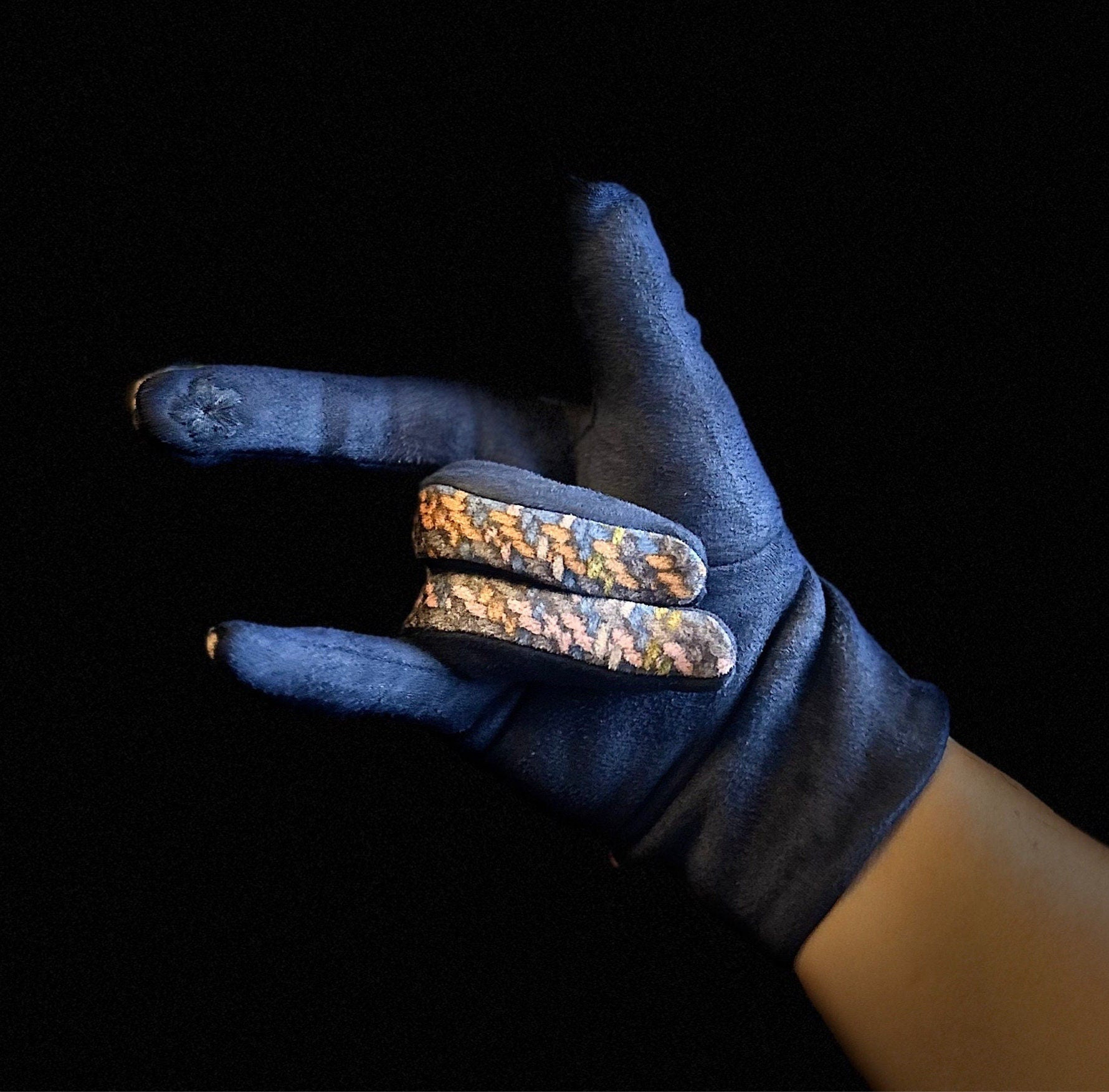 Navy Blue Glove with Tweed,Tartan Pattern for Women