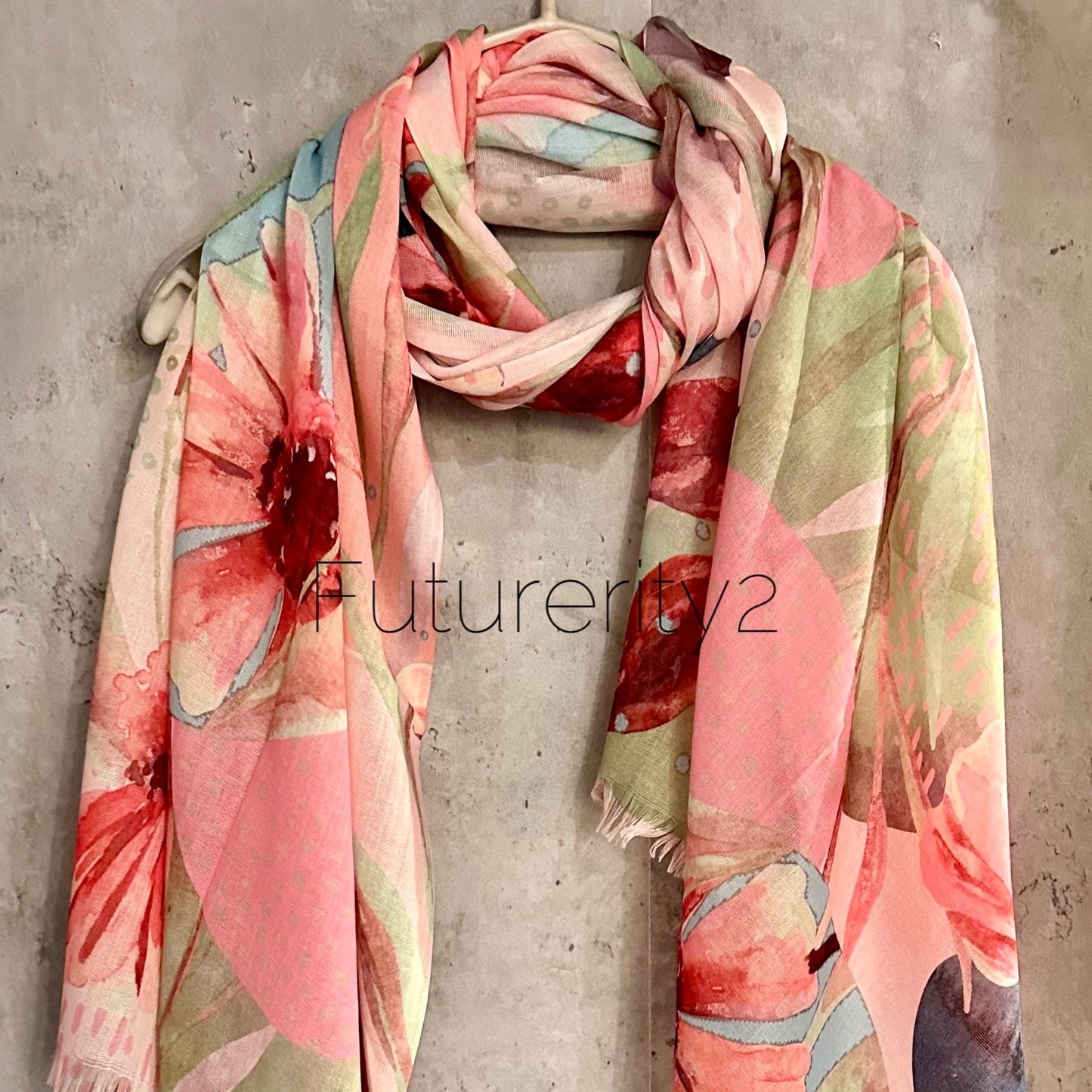 Large Watercolour Flowers Scarf,Organic Cotton Blend Scarf In Pink Blue.