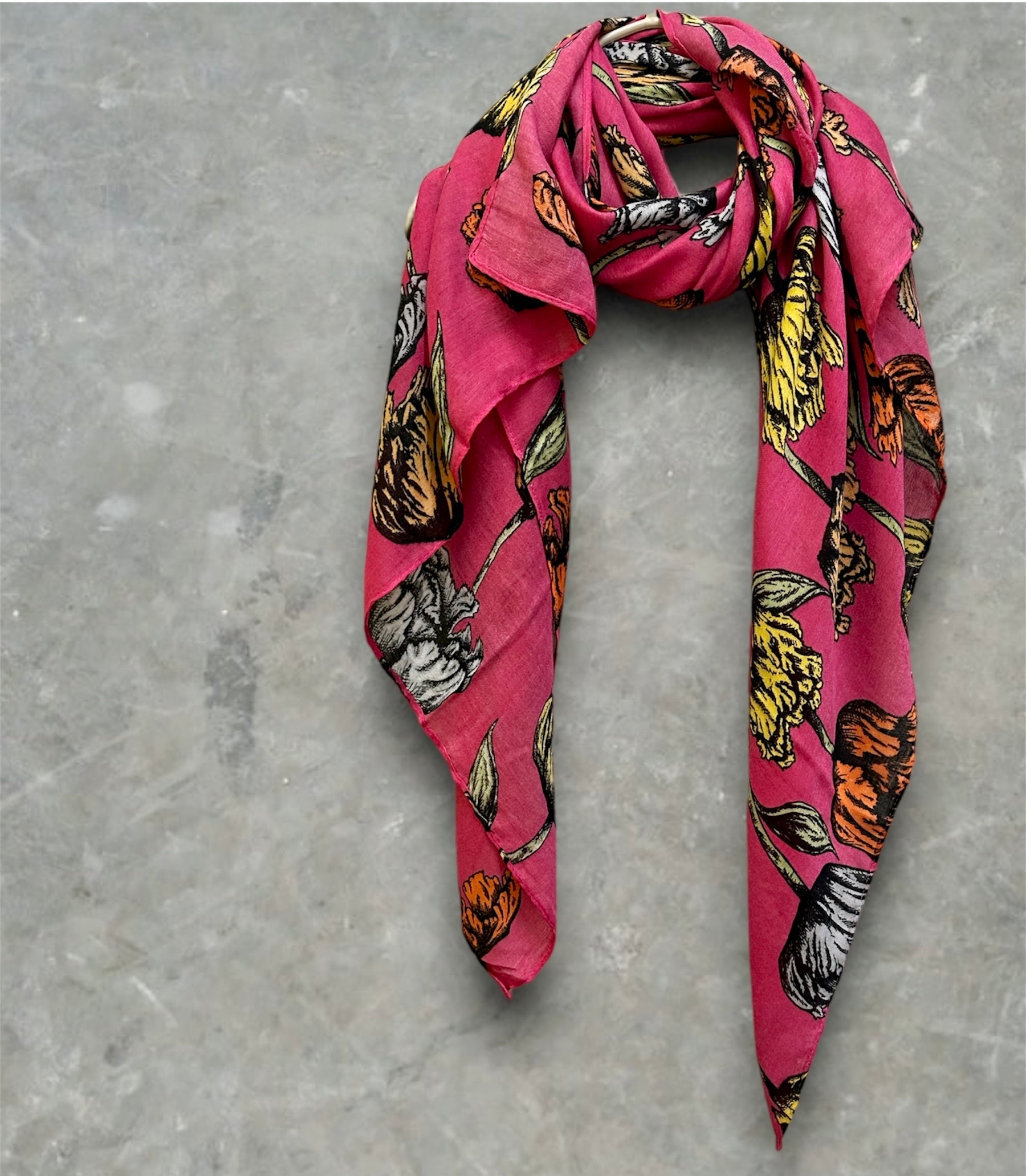 Pink Cotton Scarf with Eco-Friendly Sketched Parrot Tulips Flower Design