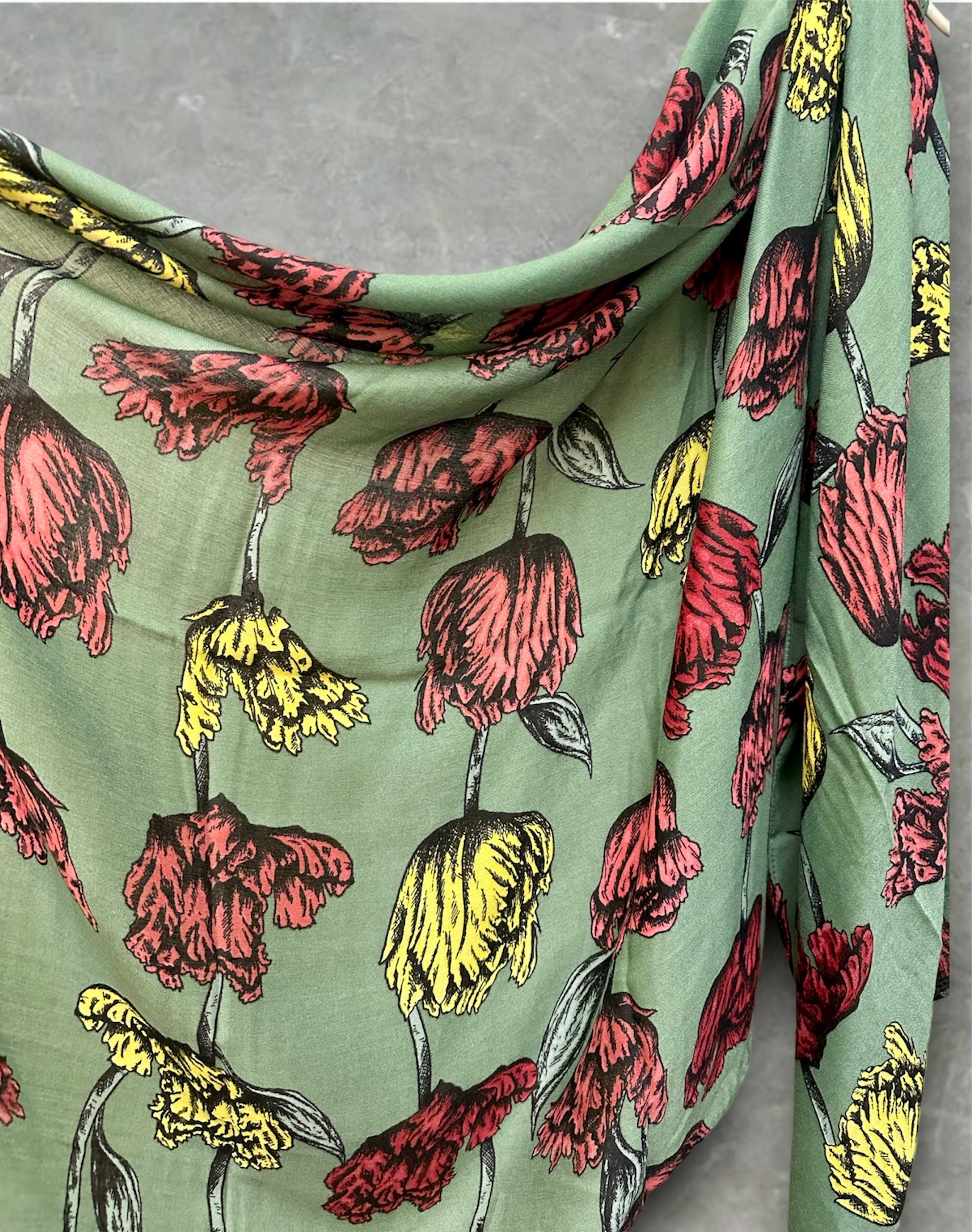 Green Cotton Scarf with Eco-Friendly Sketched Parrot Tulips Flower Design
